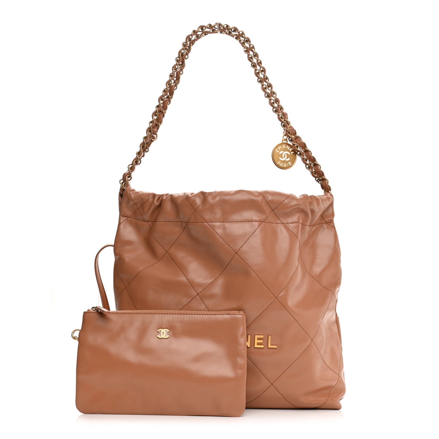 Shiny Calfskin Quilted Small Chanel 22 Camel
