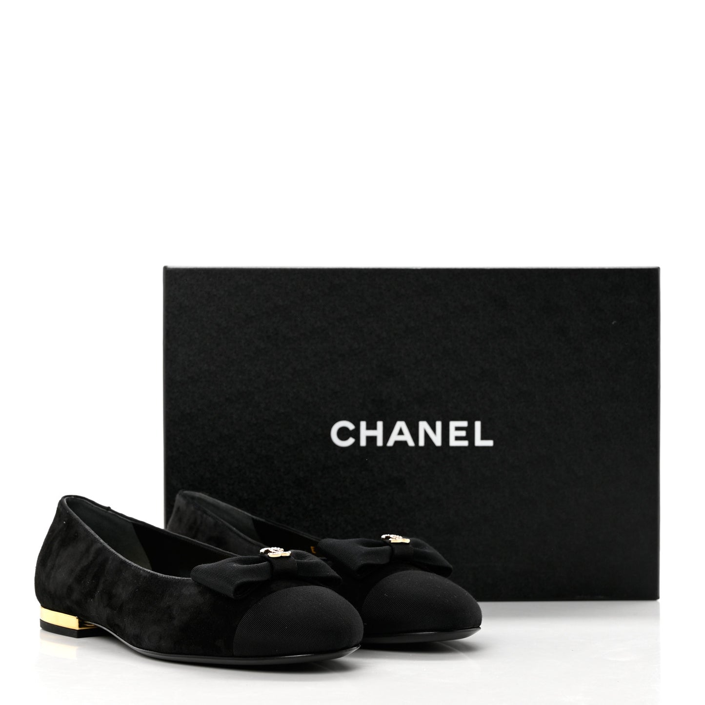 Suede Grosgrain CC Bow Ballerina Cap Toe Flats 37.5 Black