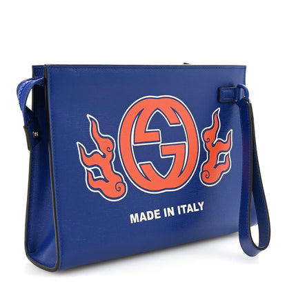 Gucci New Shanghai Calfskin Interlocking G Logo Wristlet Pouch Cobalt Blue Orange 3 of 6