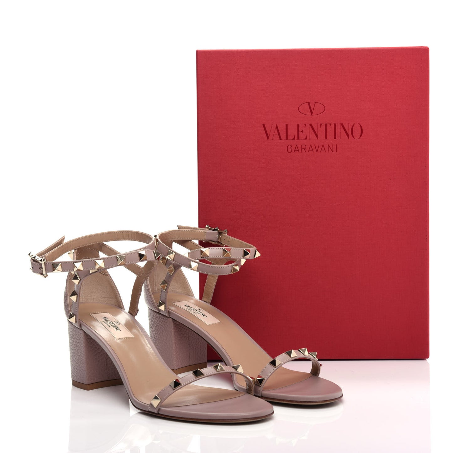 Pebbled Calfskin Rockstud Ankle Strap 60mm Sandals 39.5 Poudre