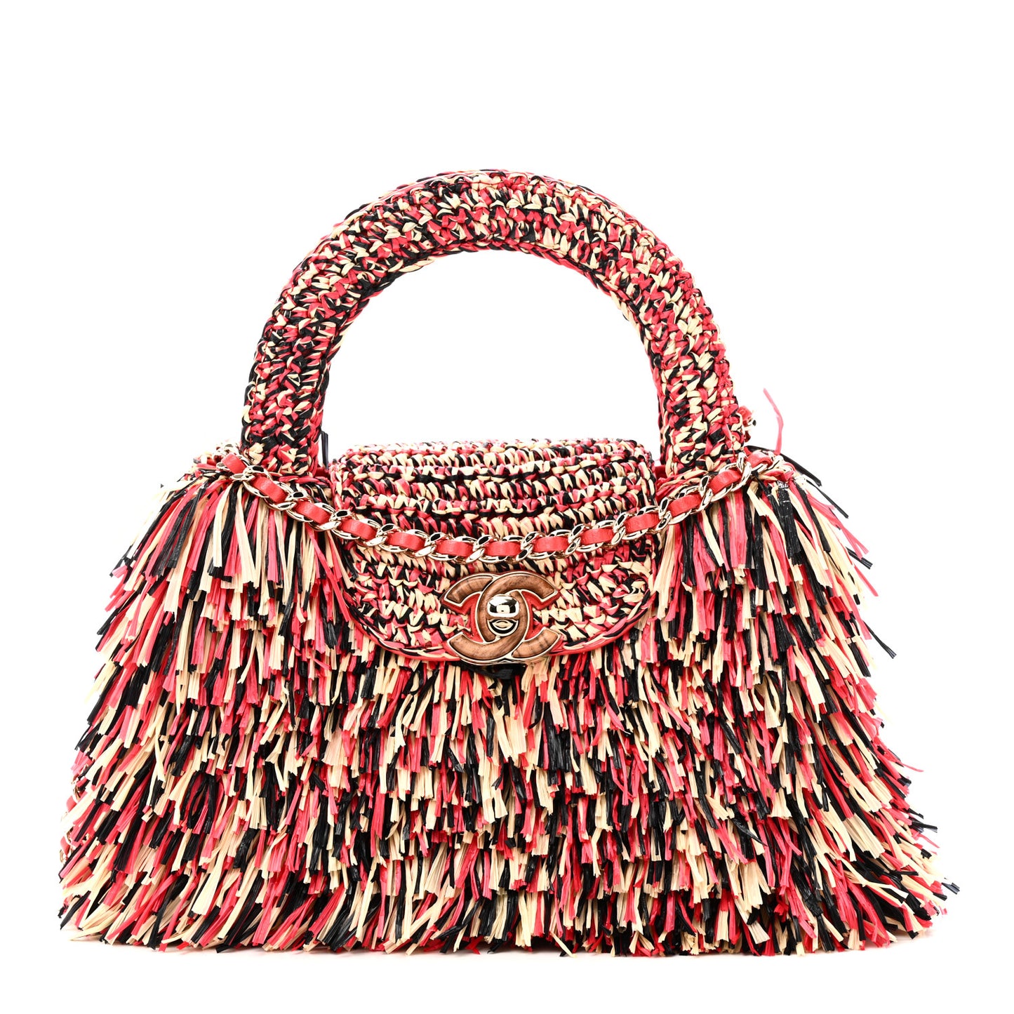 Raffia Fringe Nano Kelly Shopper Red Beige Black