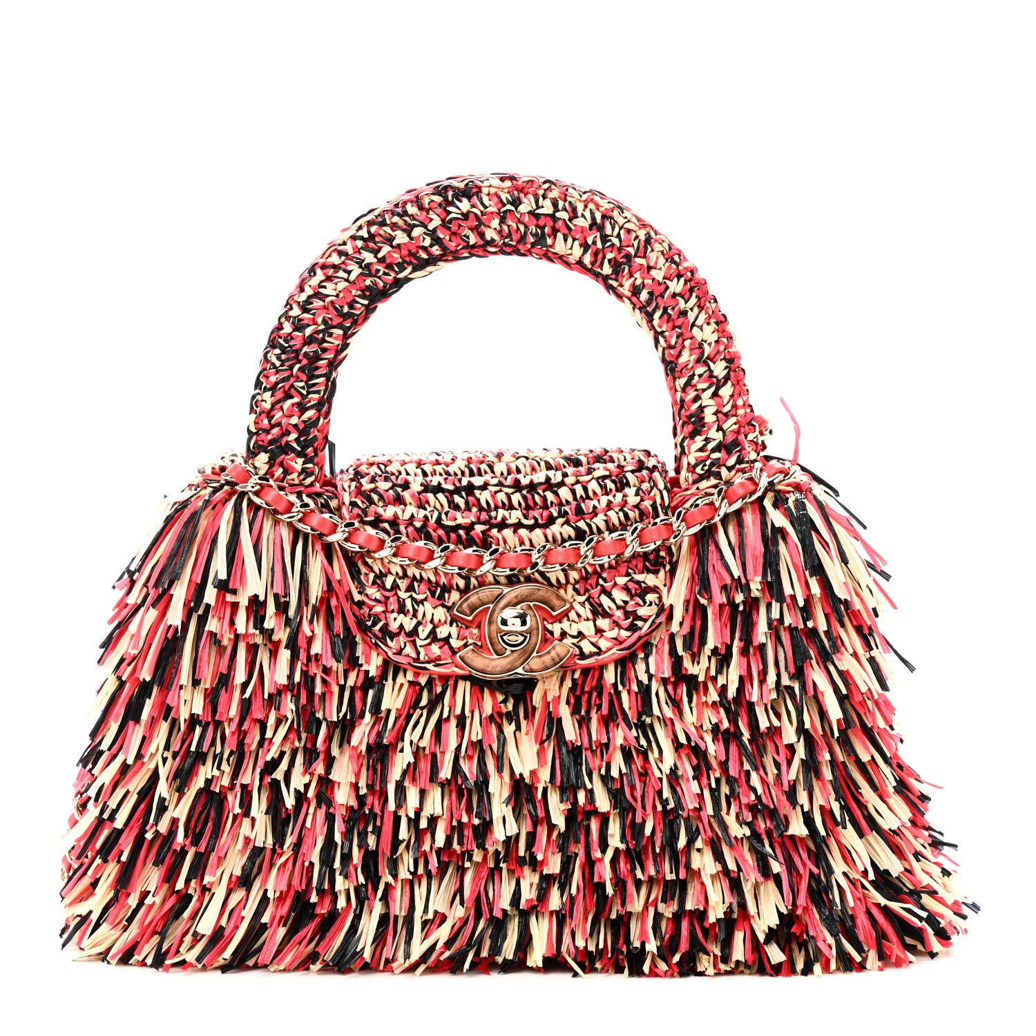 Chanel Raffia Fringe Nano Kelly Shopper Red Beige Black 1 of 10