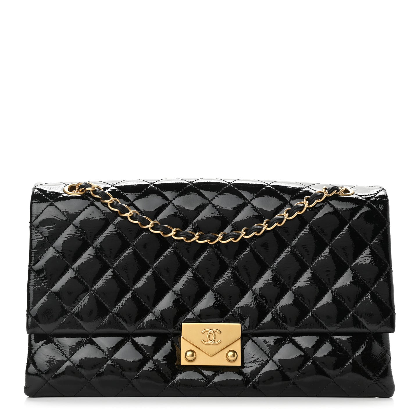 Patent Goatskin Quilted 3 Pocket Accordion Flap Black