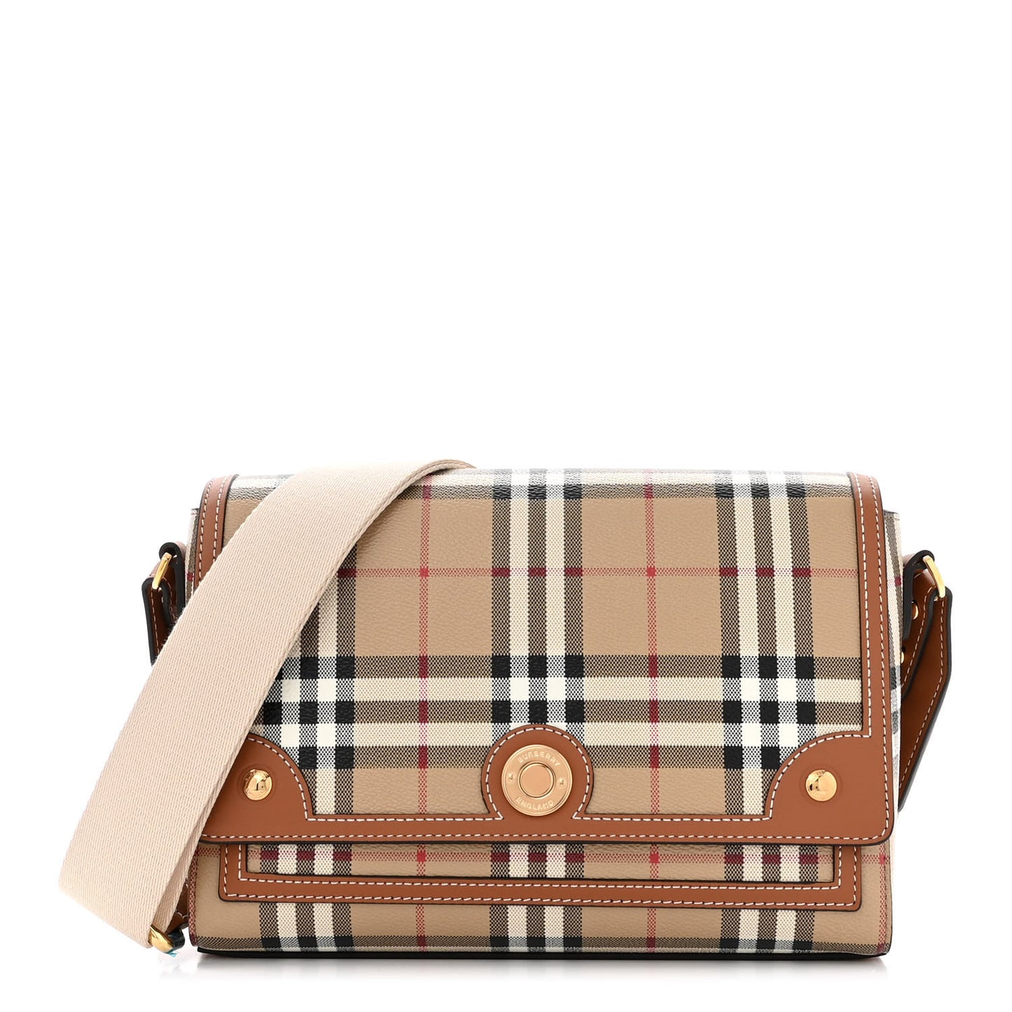 Coated Canvas Calfskin Vintage Check Medium Note Crossbody Bag Briar Brown