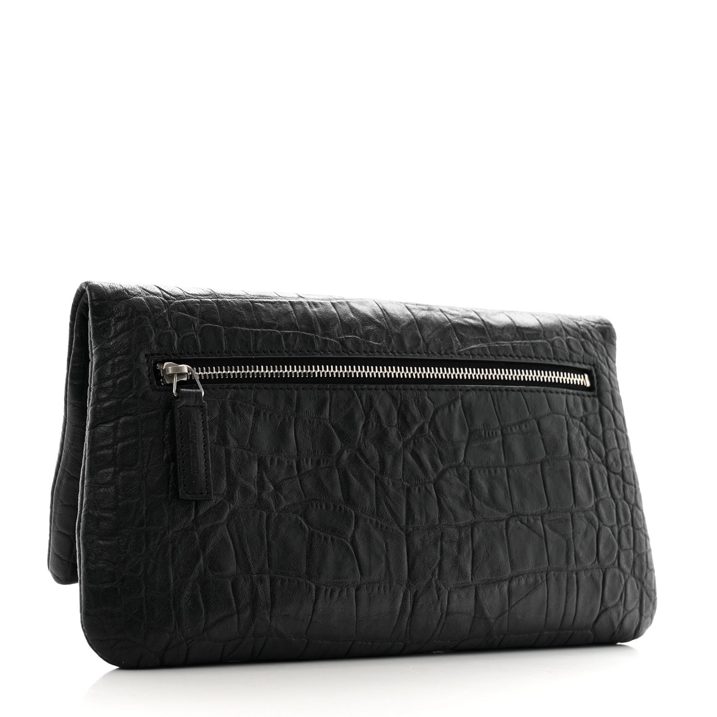 Calfskin Crocodile Embossed West Hollywood Monogram Fold Over Clutch Black
