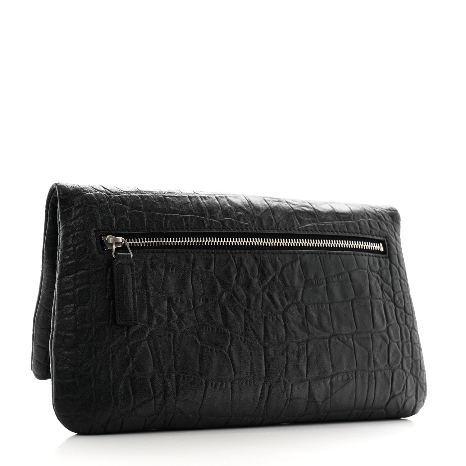 Saint Laurent Calfskin Crocodile Embossed West Hollywood Monogram Fold Over Clutch Black 3 of 6