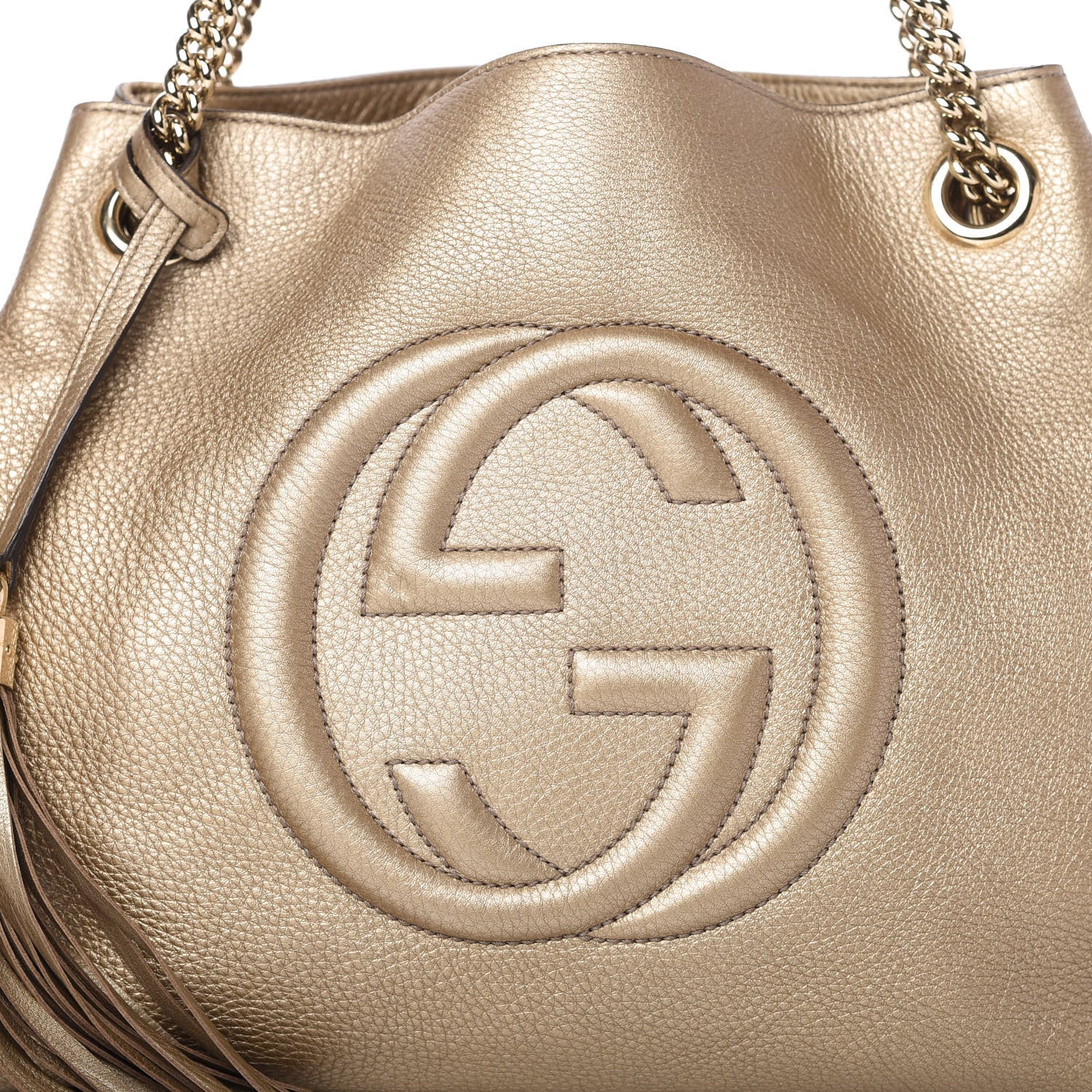 Gucci Metallic Pebbled Calfskin Medium Soho Chain Shoulder Bag Golden Beige 10 of 12