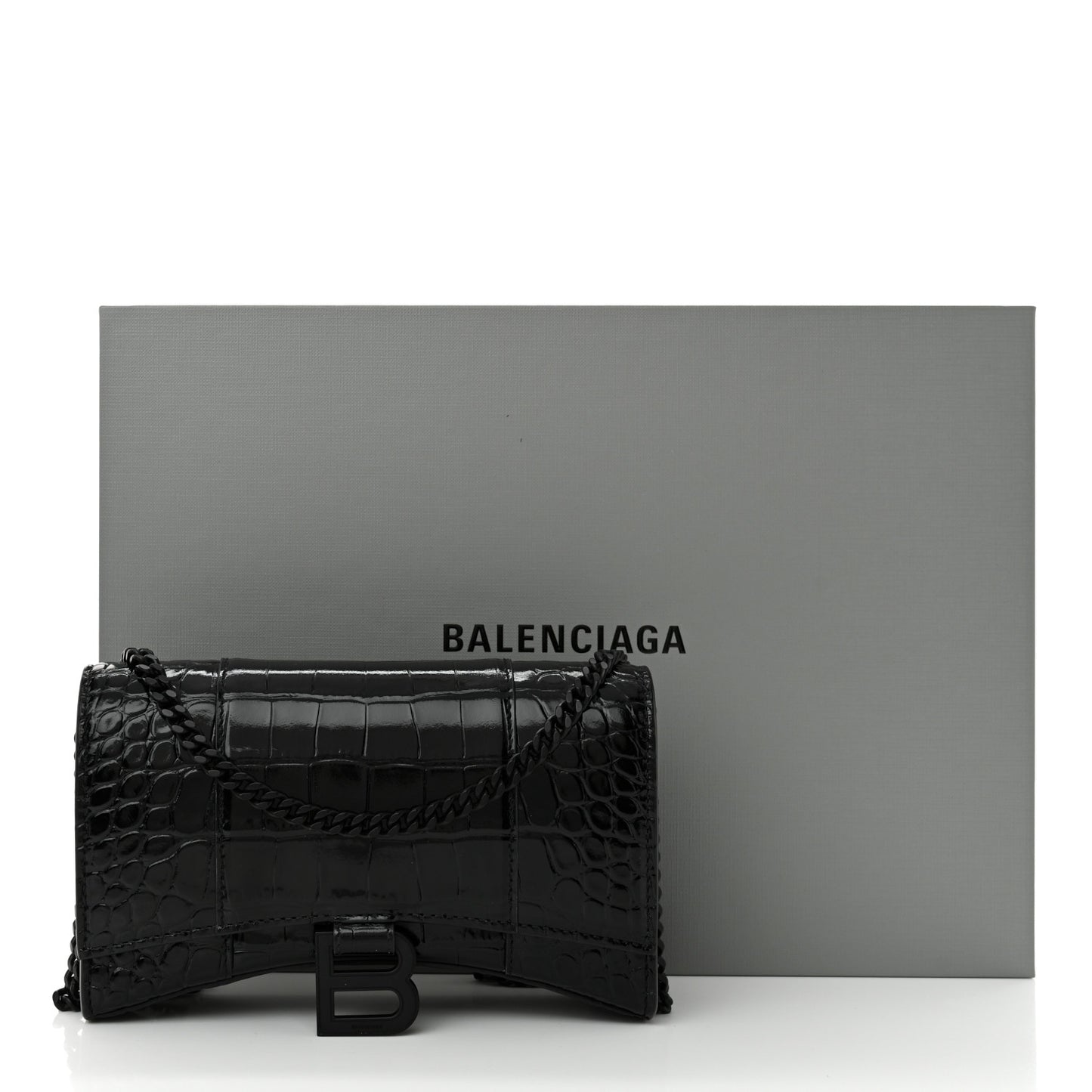 Shiny Calfskin Monochrome Crocodile Embossed Hourglass Chain Bag Black