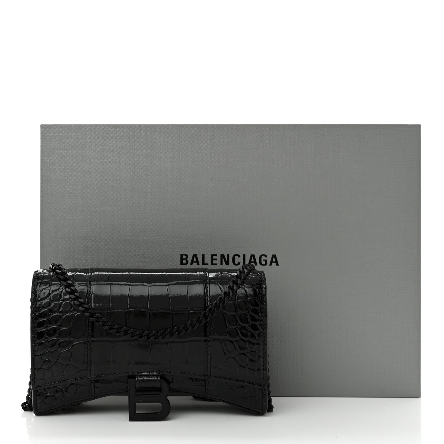 Balenciaga Shiny Calfskin Monochrome Crocodile Embossed Hourglass Chain Bag Black 13 of 13