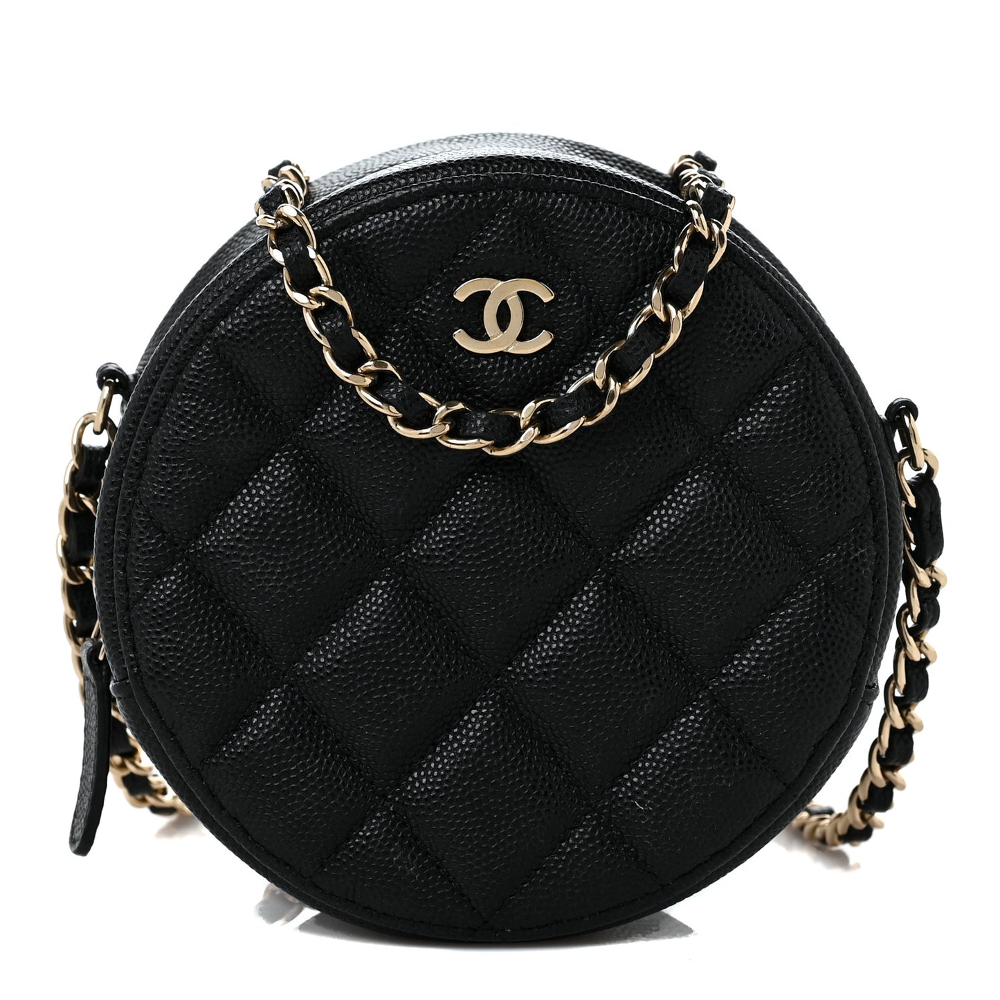Caviar Quilted Round Clutch With Chain Black