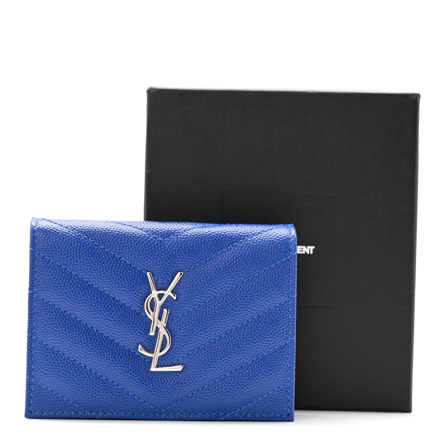Saint Laurent Grain De Poudre Matelasse Chevron Monogram Flap Card Case Blue Gitano 11 of 11