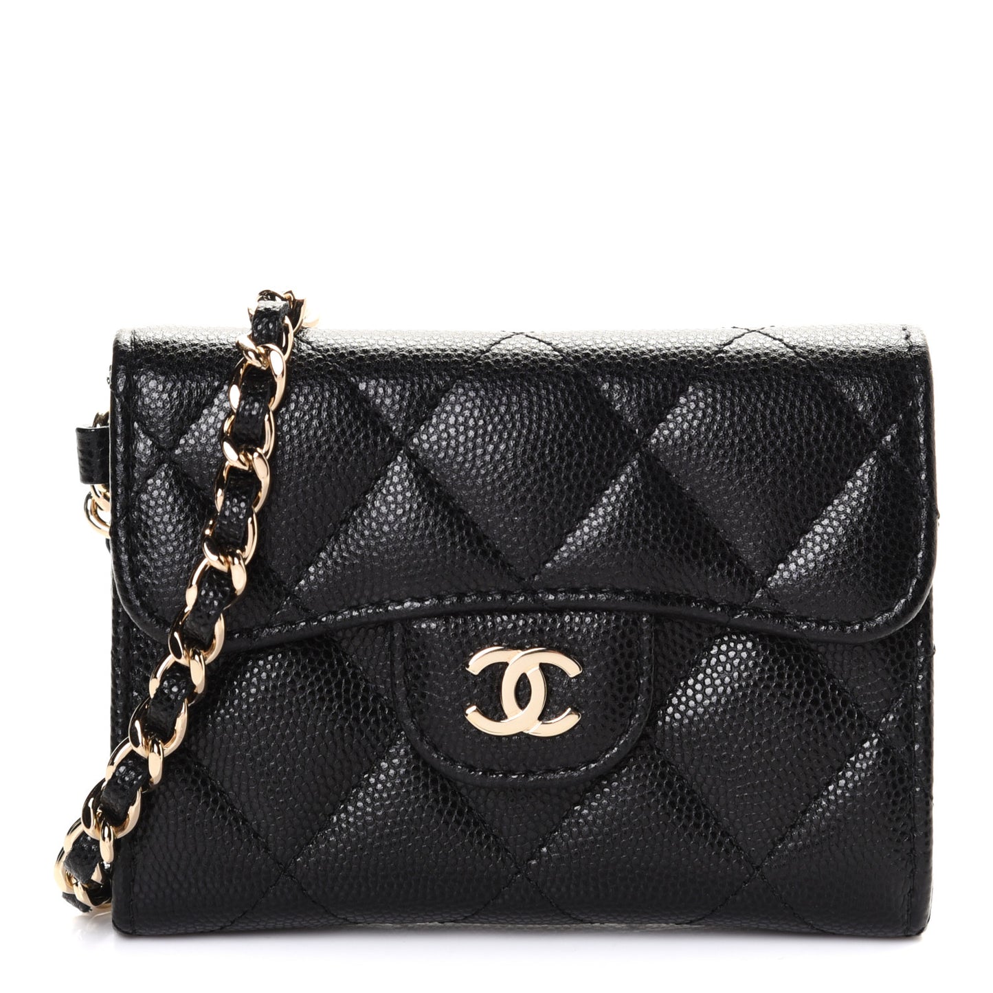 Caviar Quilted Flap Card Holder Chain Wristlet Black