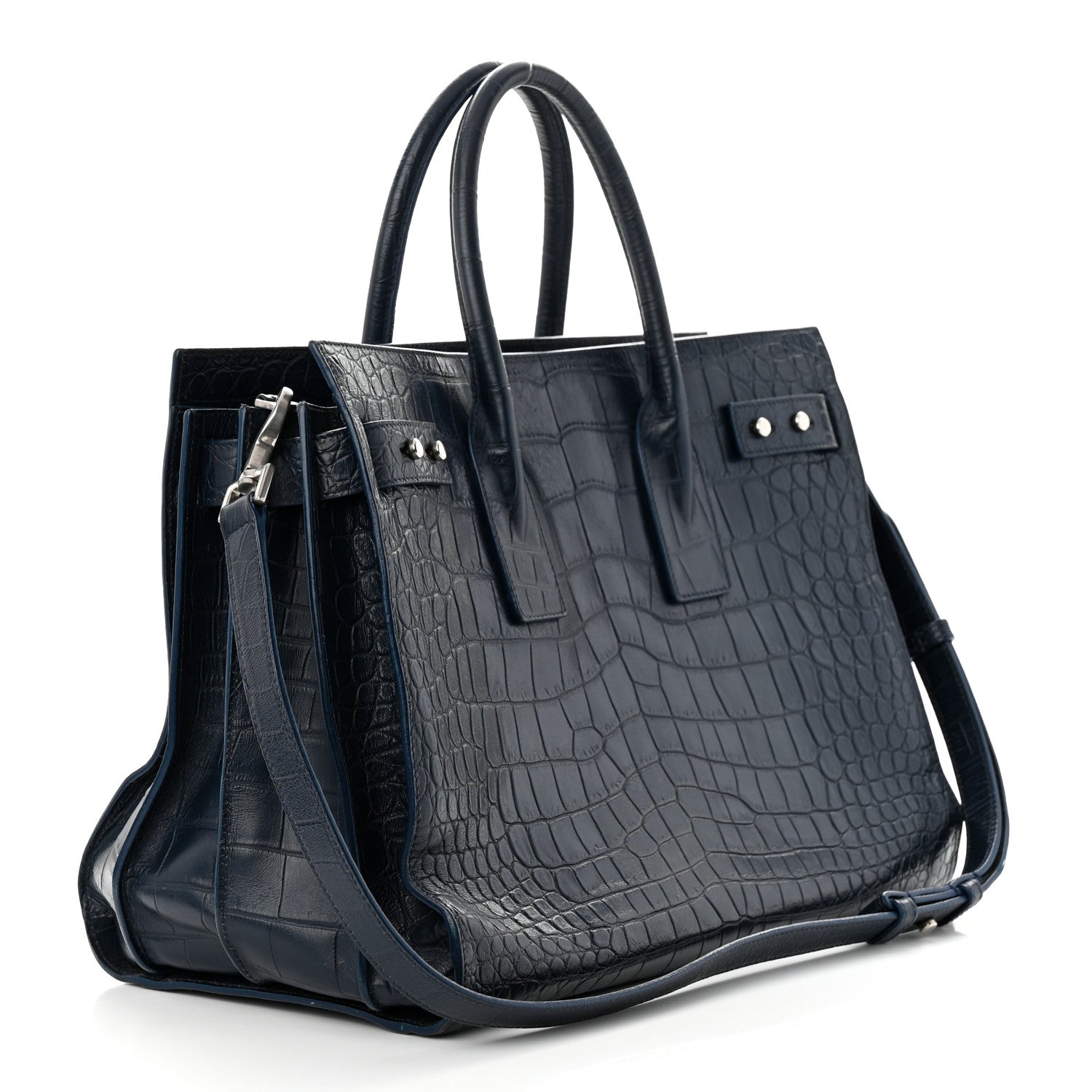 Saint Laurent Calfskin Crocodile Embossed Medium Souple Sac De Jour Navy 4 of 12