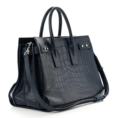Saint Laurent Calfskin Crocodile Embossed Medium Souple Sac De Jour Navy 4 of 12