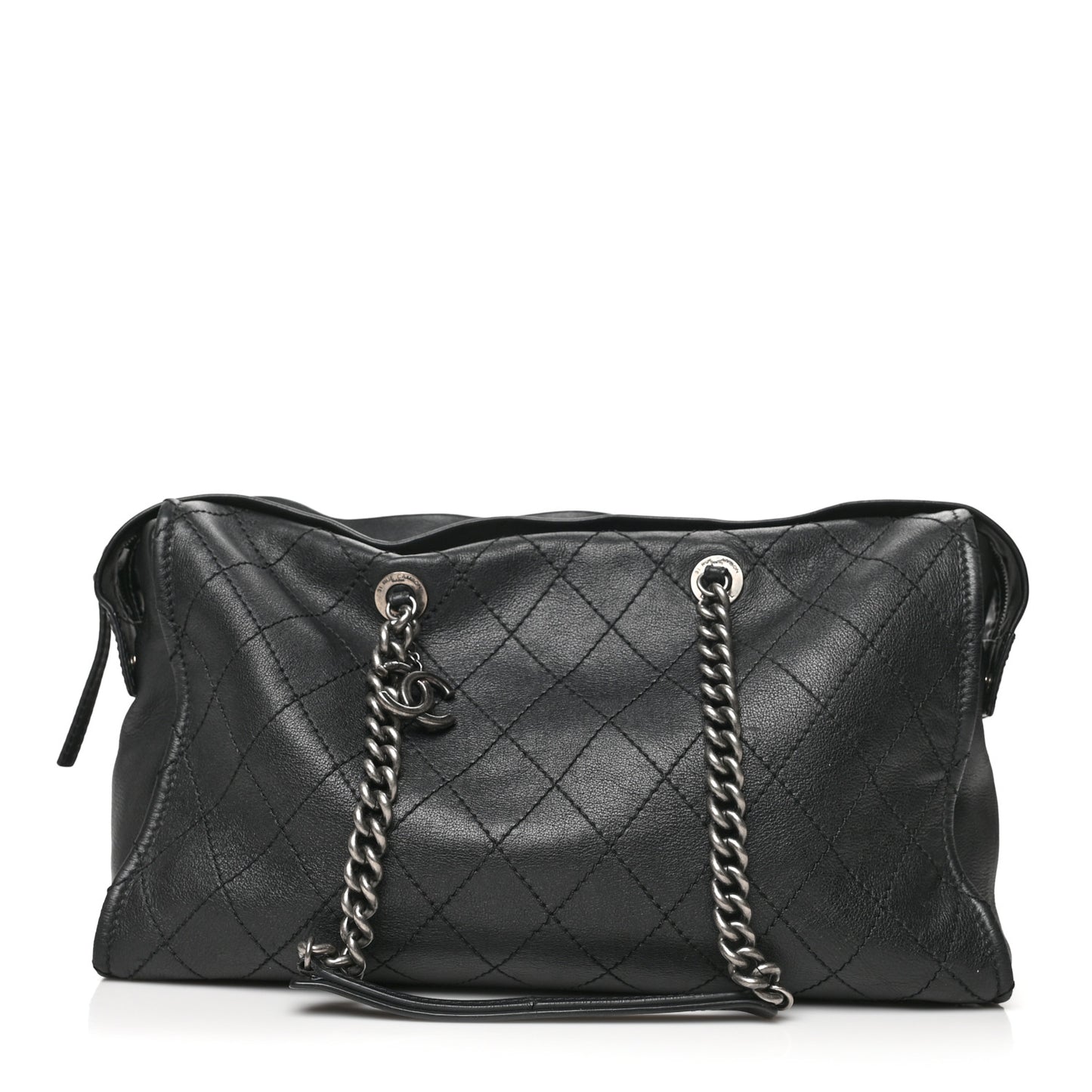 Calfskin Stitched Large Bowling Bag Black