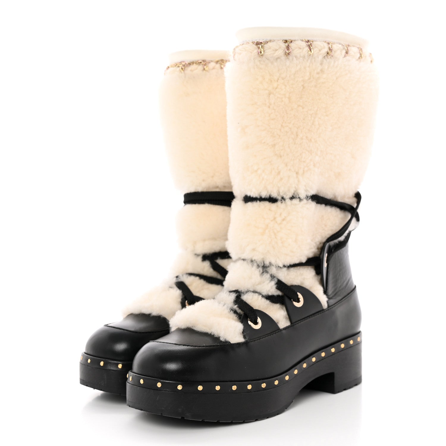 Chanel Shearling Chain Studded CC High Boot 37 White Black 3 of 16