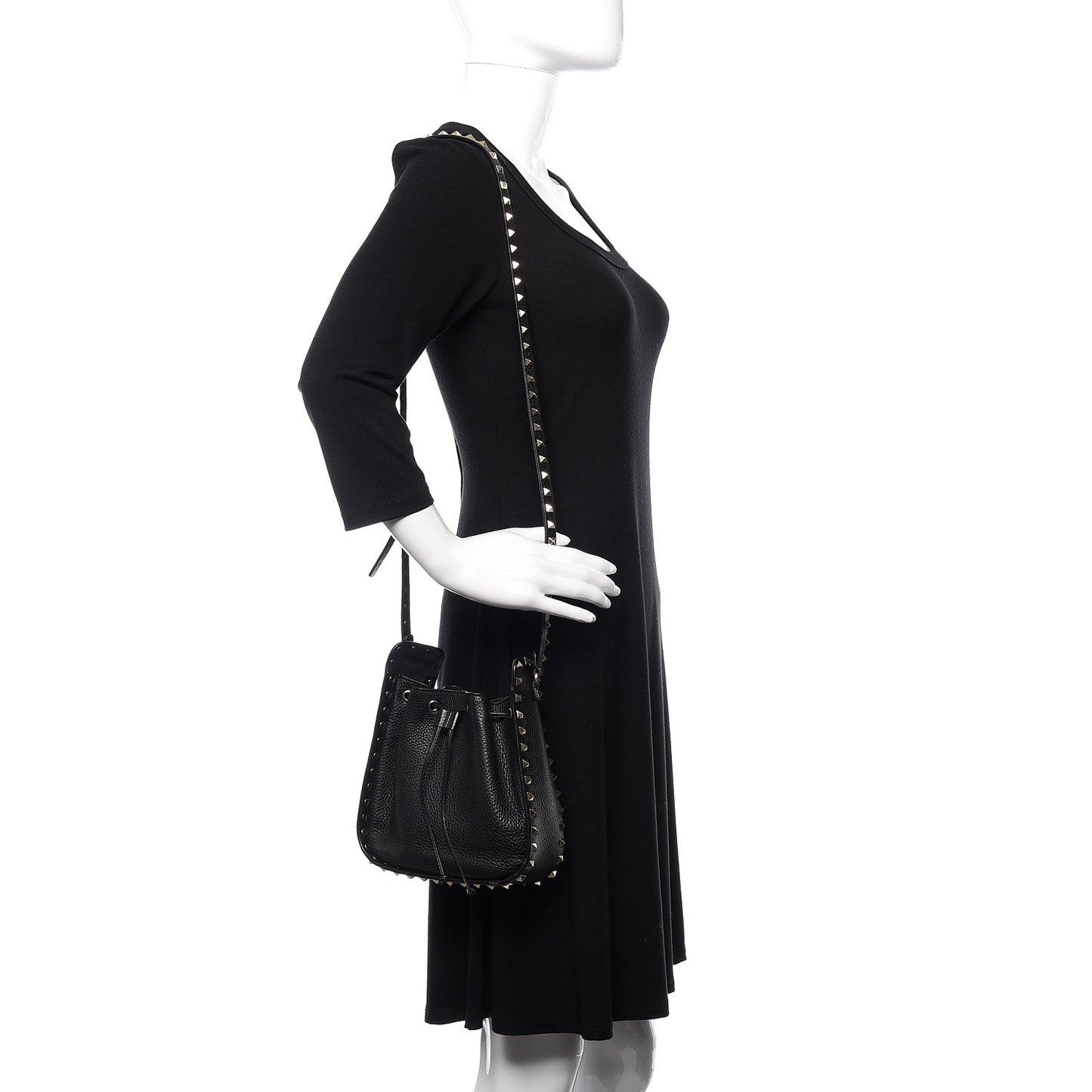 Grained Calfskin Rockstud Bucket Bag Black