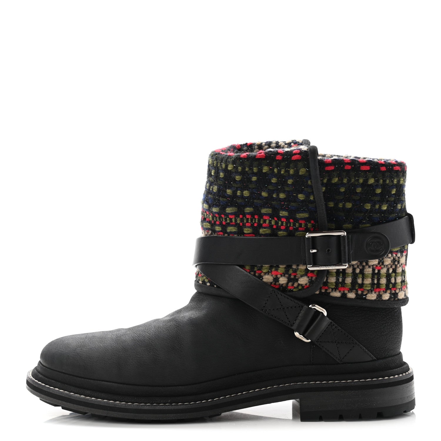 Chanel Tweed Calfskin CC Short Boots 36.5 Black Green Red 1 of 12