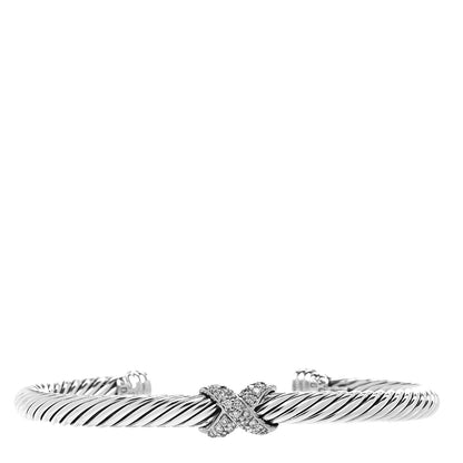 David Yurman Sterling Silver 18K White Gold Diamond Pave 5mm X Cable Bracelet 1 of 4