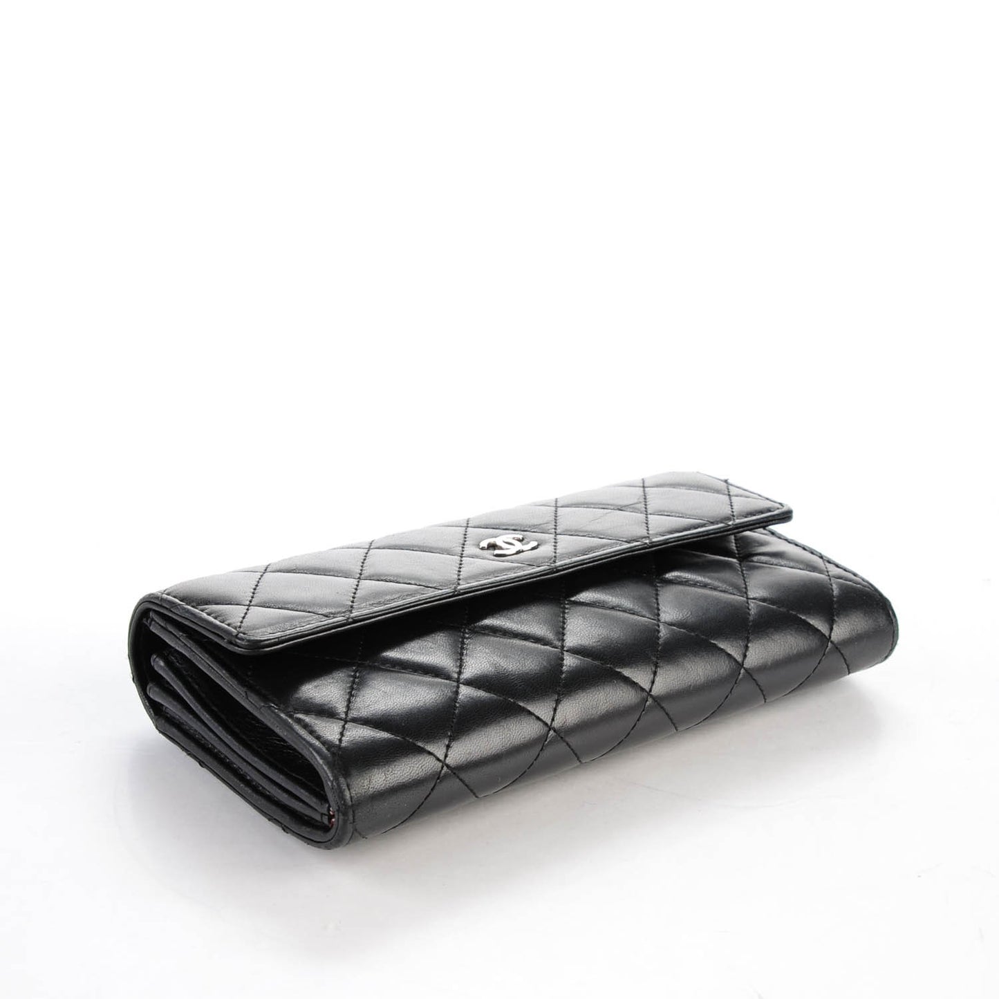 Lambskin Quilted Large Gusset Flap Wallet Black