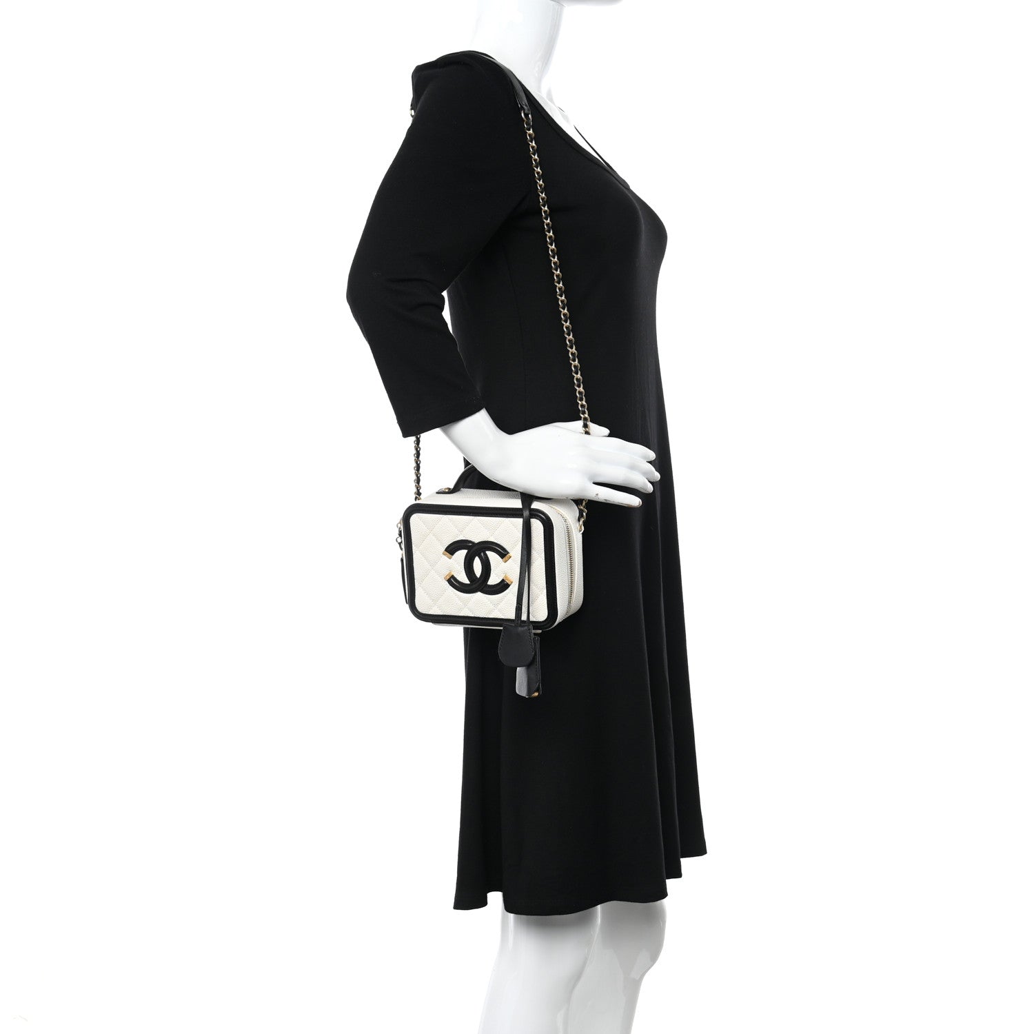 Chanel Caviar Quilted Small CC Filigree Vanity Case White Black 2 of 11