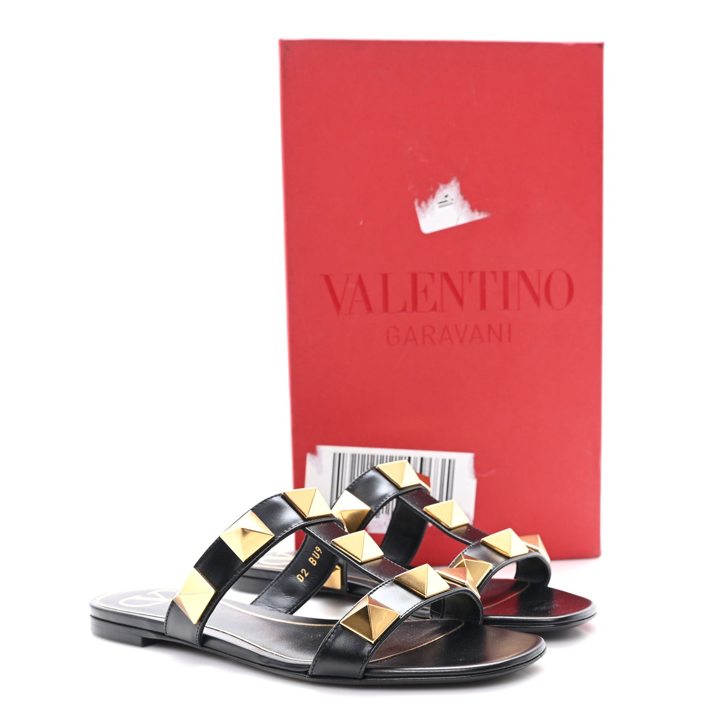 Calfskin Roman Stud Flat Slide Sandals 35.5 Black