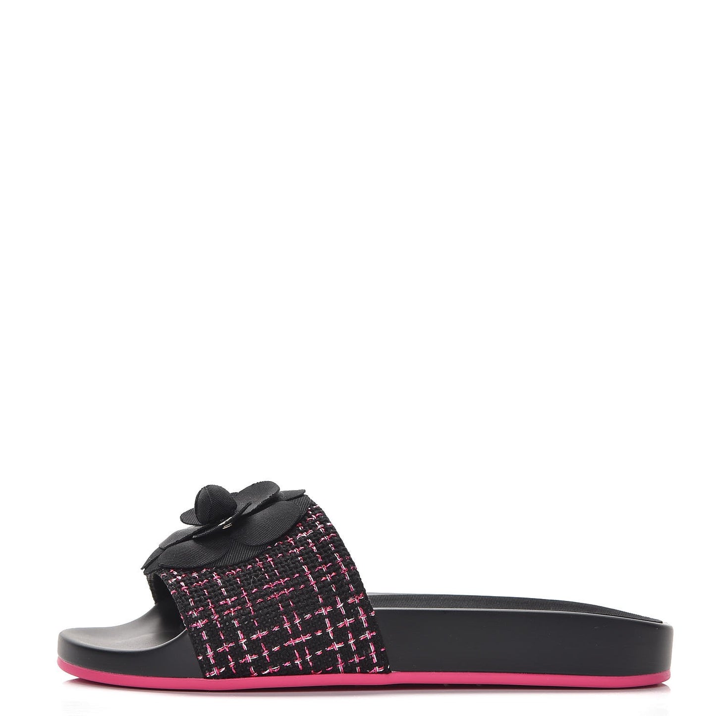 Tweed Grosgrain Camellia CC Flat Mules 36 Black Pink