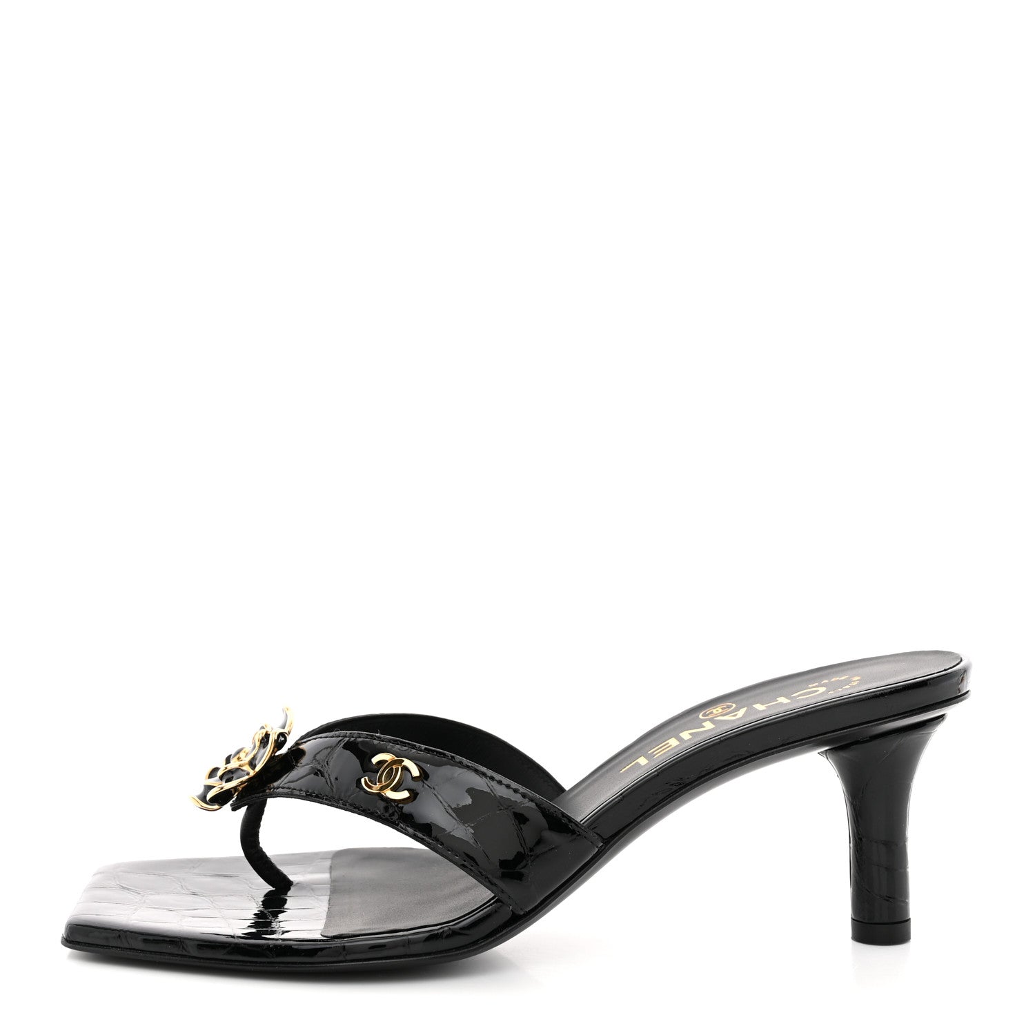 Chanel Crocodile Embossed Patent Calfskin Thong Sandals 37 Black 1 of 10