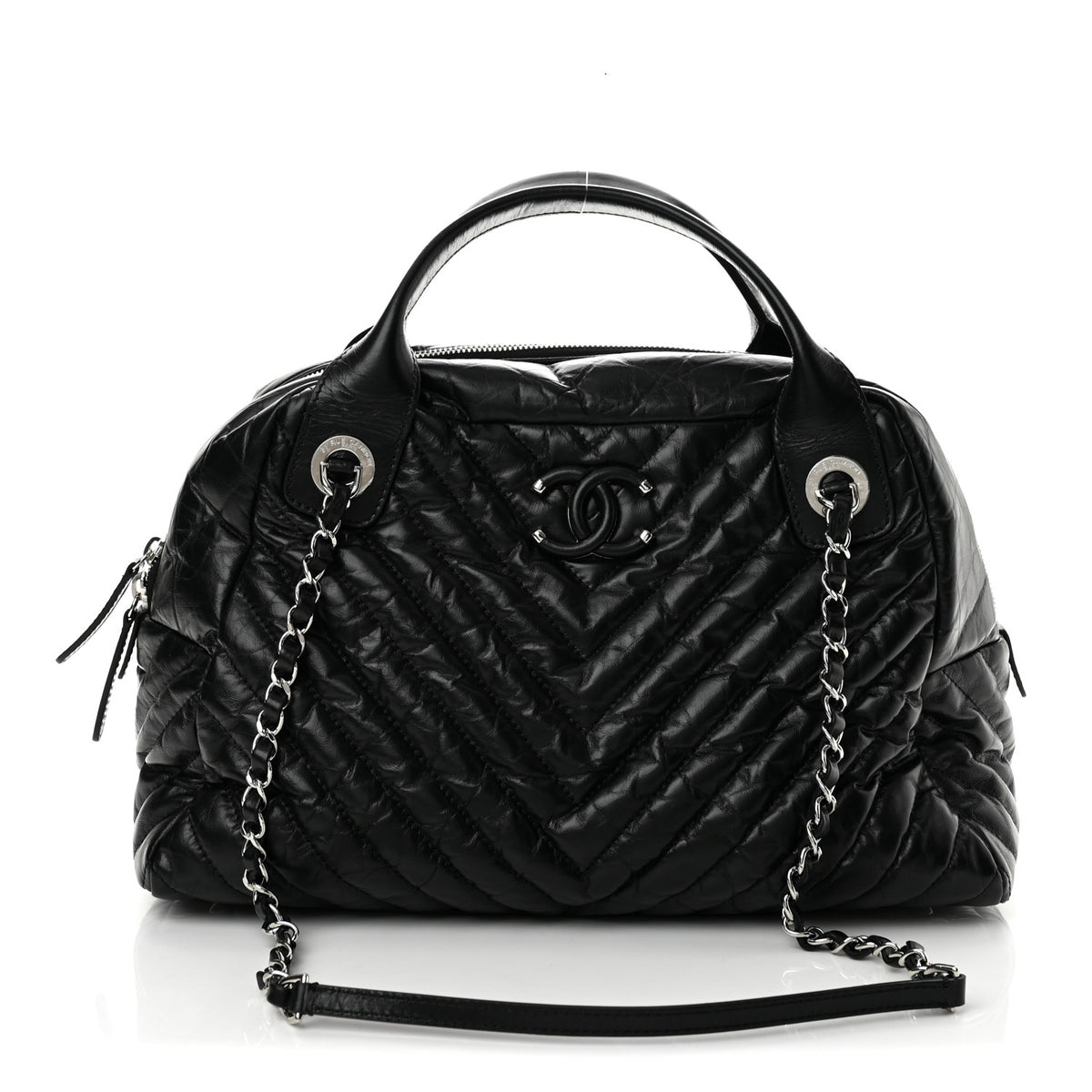 Aged Calfskin Chevron Medium Soft Bowling Bag Black