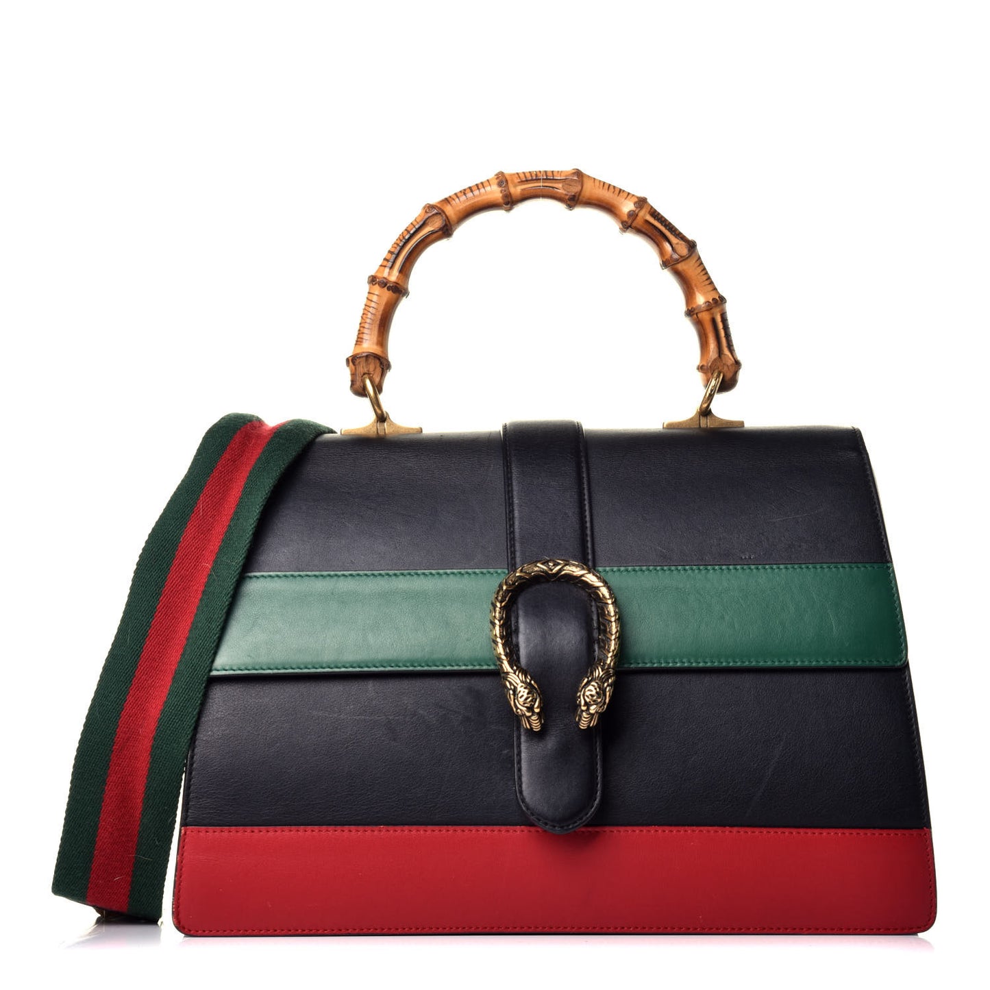 Calfskin Bamboo Web Large Dionysus Top Handle Bag Black Bright Evergreen Hibiscus Red