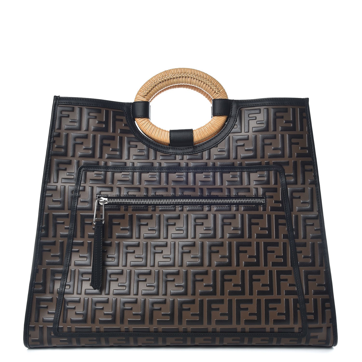 Fendi Vitello Century Wicker Bi-Color FF 1974 Embossed Large Runaway Shopper Tote Maya Black 1 of 9