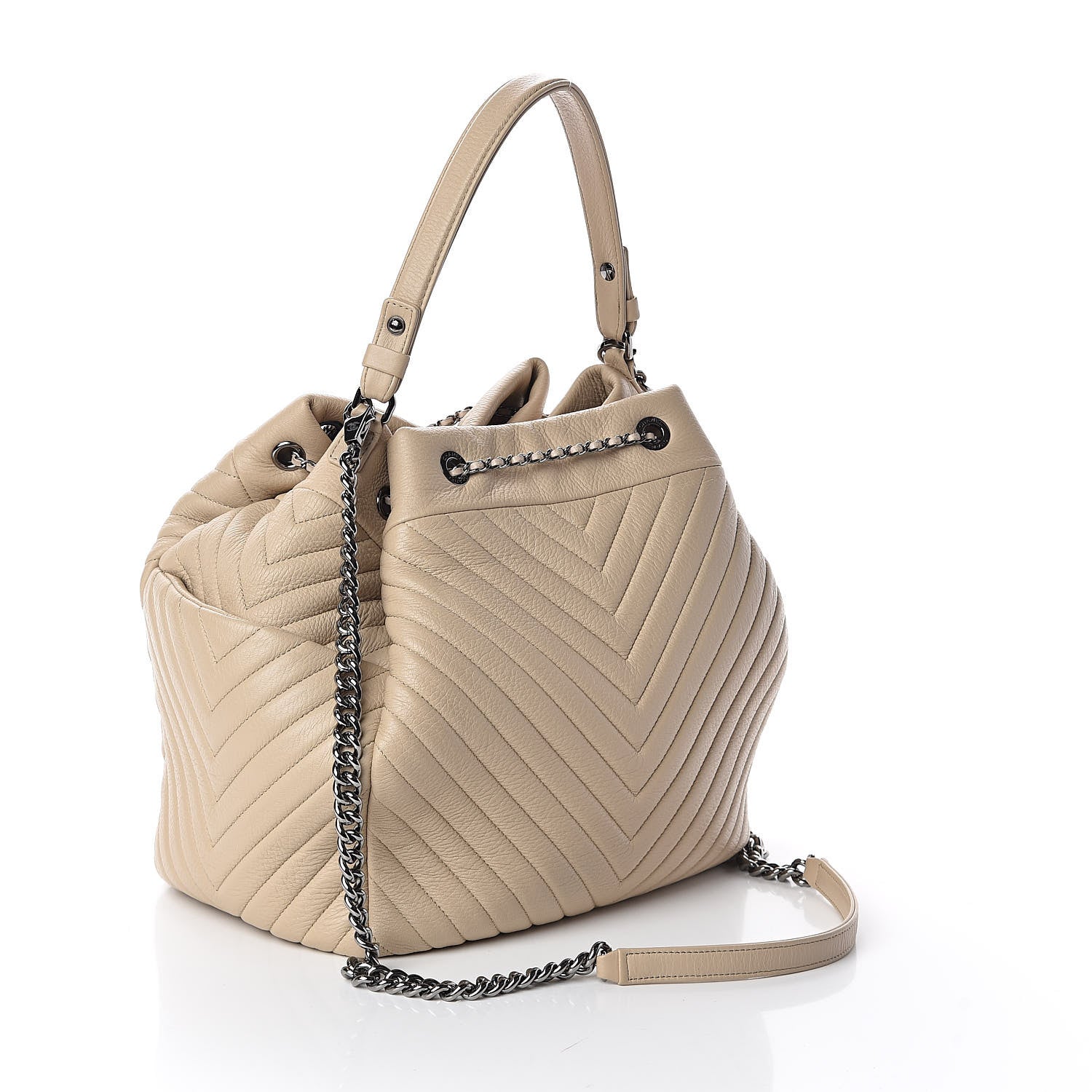 Chanel Deerskin Chevron Large CC Chain Bucket Drawstring Bag Beige 3 of 10