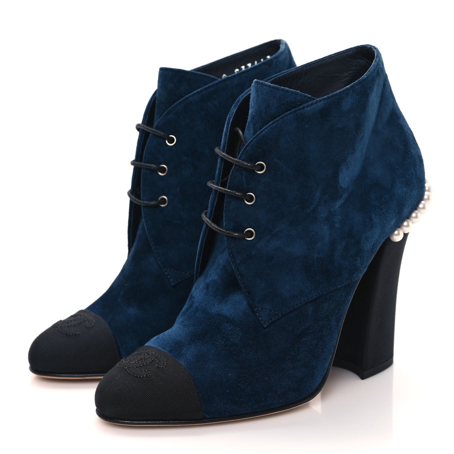 Suede Grosgrain Pearl Lace Up Booties 36 Dark Blue Black