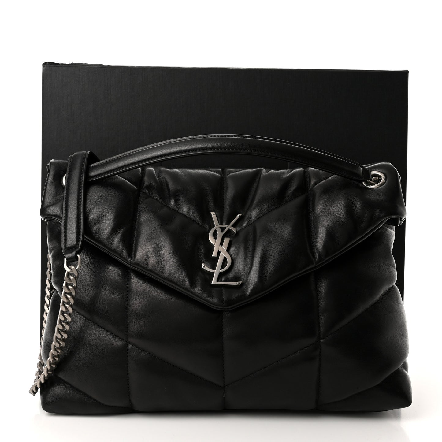 Lambskin Quilted Medium Loulou Puffer Monogram Chain Satchel Black