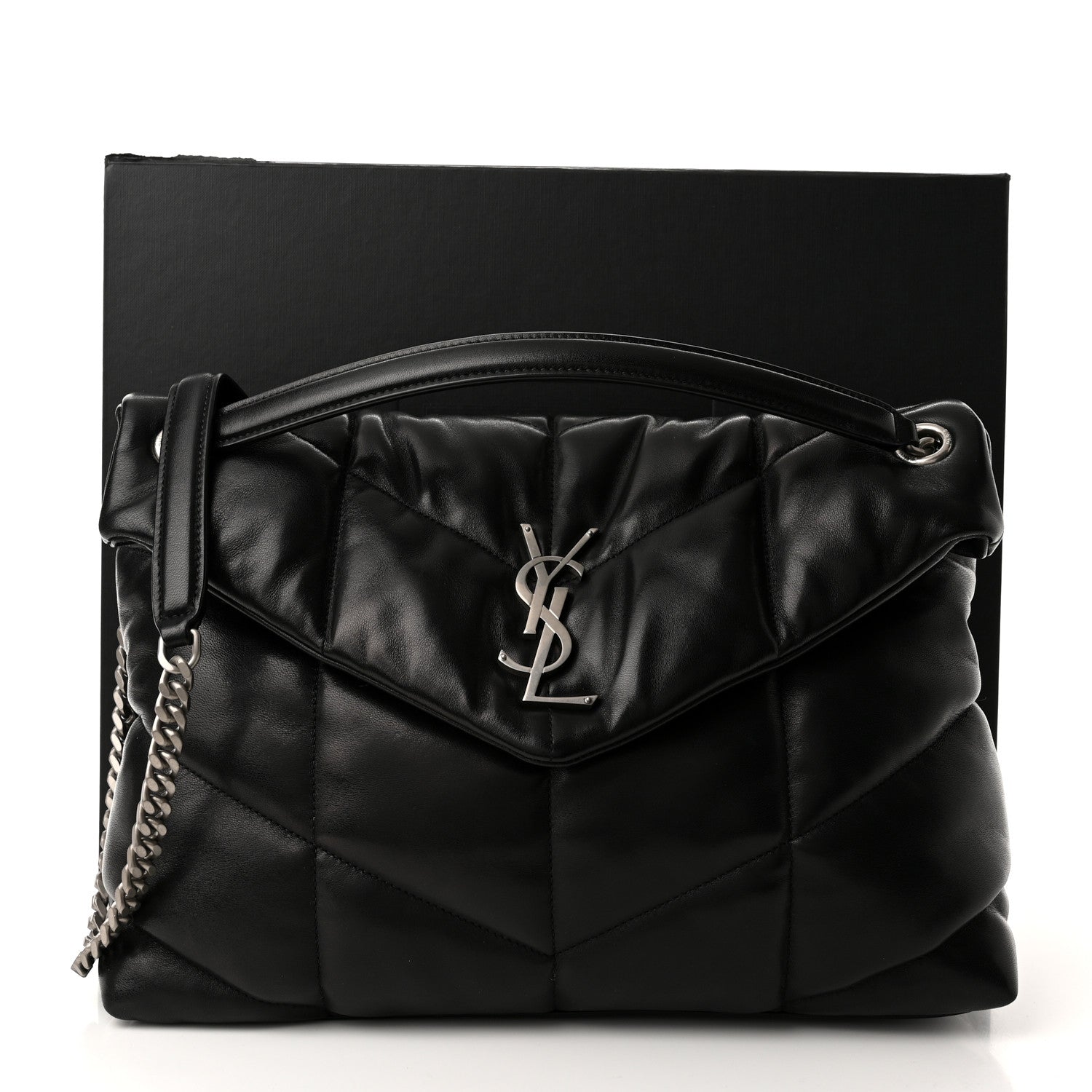 Saint Laurent Lambskin Quilted Medium Loulou Puffer Monogram Chain Satchel Black 11 of 11