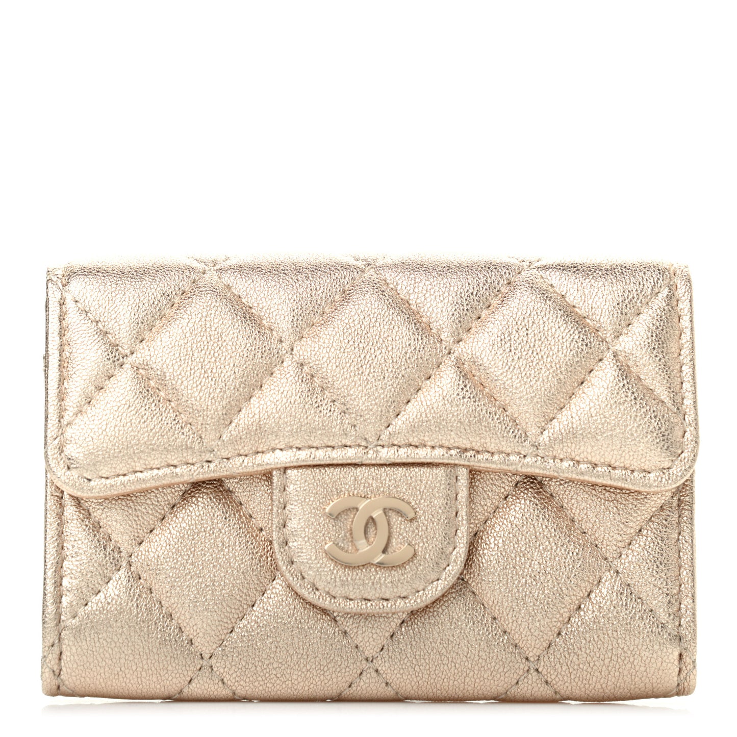 Metallic Lambskin Quilted Flap Card Holder Wallet Gold