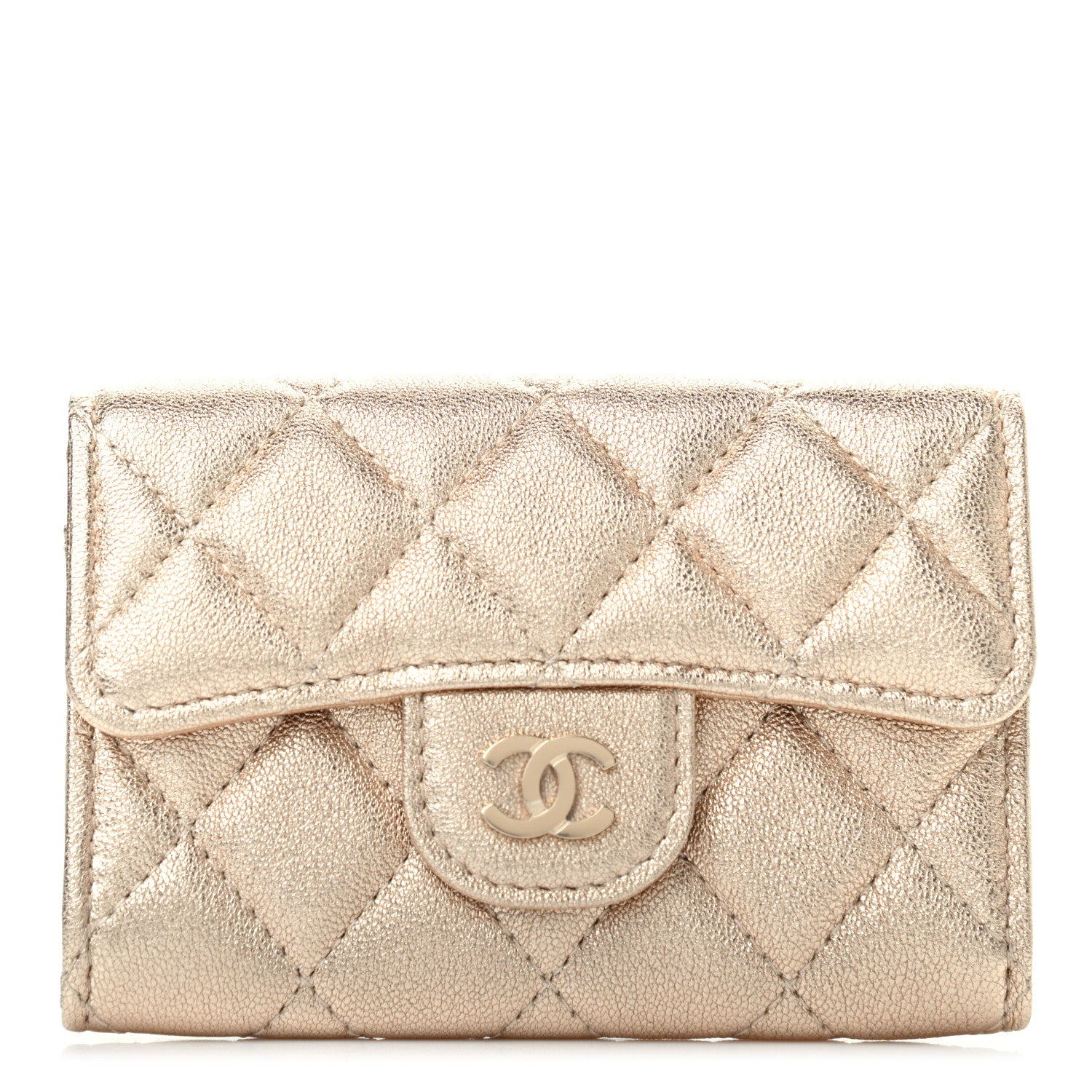 Chanel Metallic Lambskin Quilted Flap Card Holder Wallet Gold 1 of 6