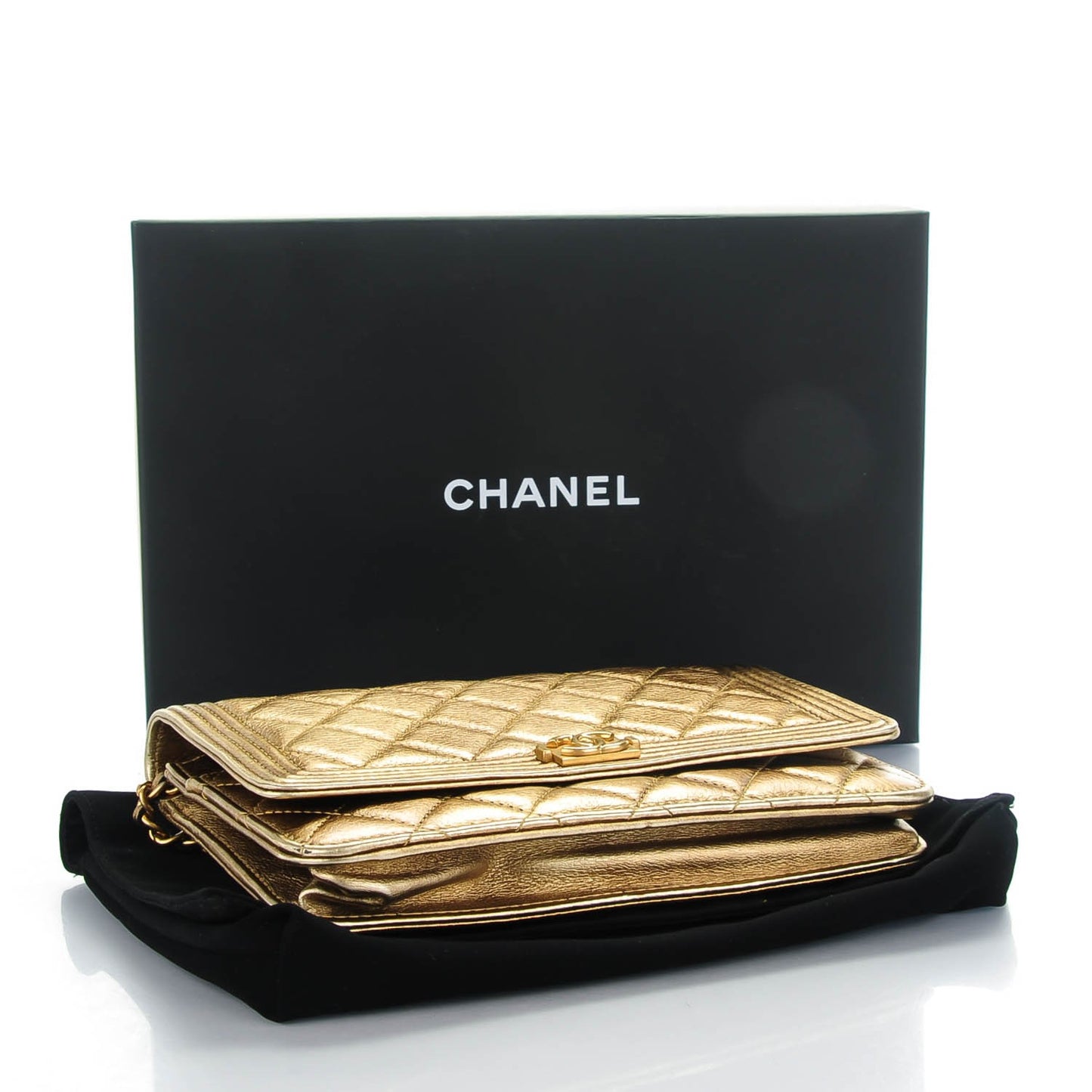 Metallic Distressed Calfskin Quilted Boy Wallet On Chain WOC Gold