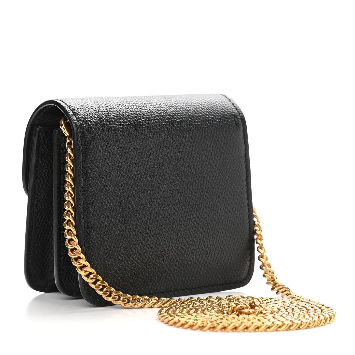 Grainy Calfskin Vlogo Compact Wallet with Chain Black