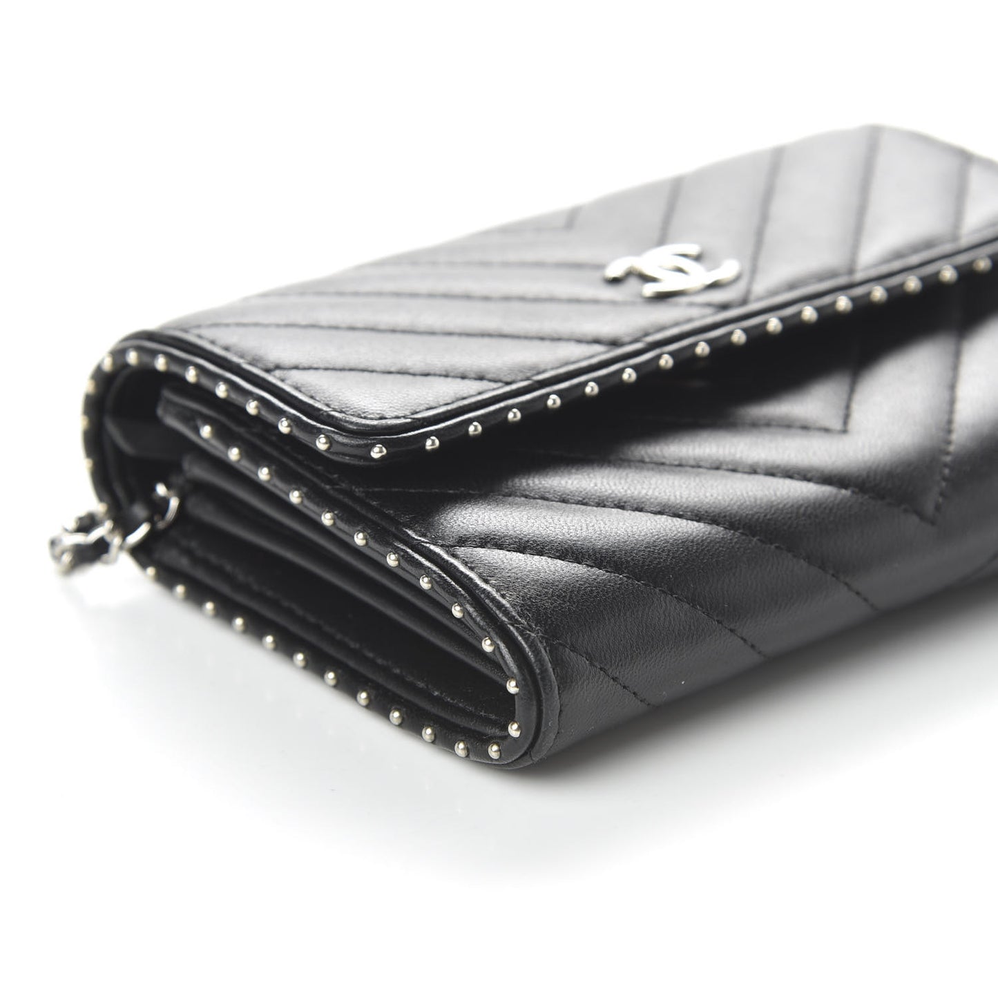 Lambskin Chevron Quilted Studded Clutch With Chain WOC Black