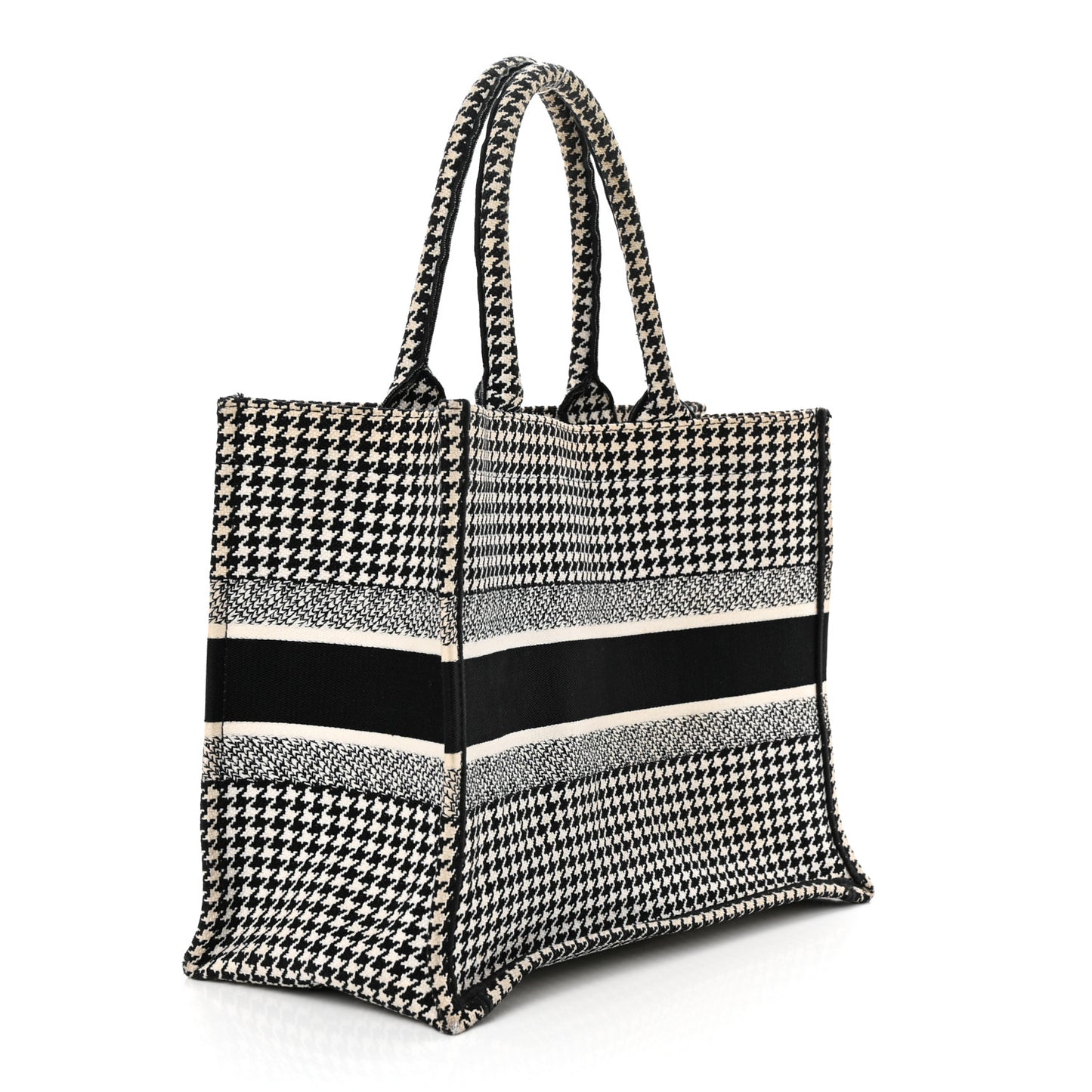 Canvas Houndstooth Embroidered Medium Book Tote Black White