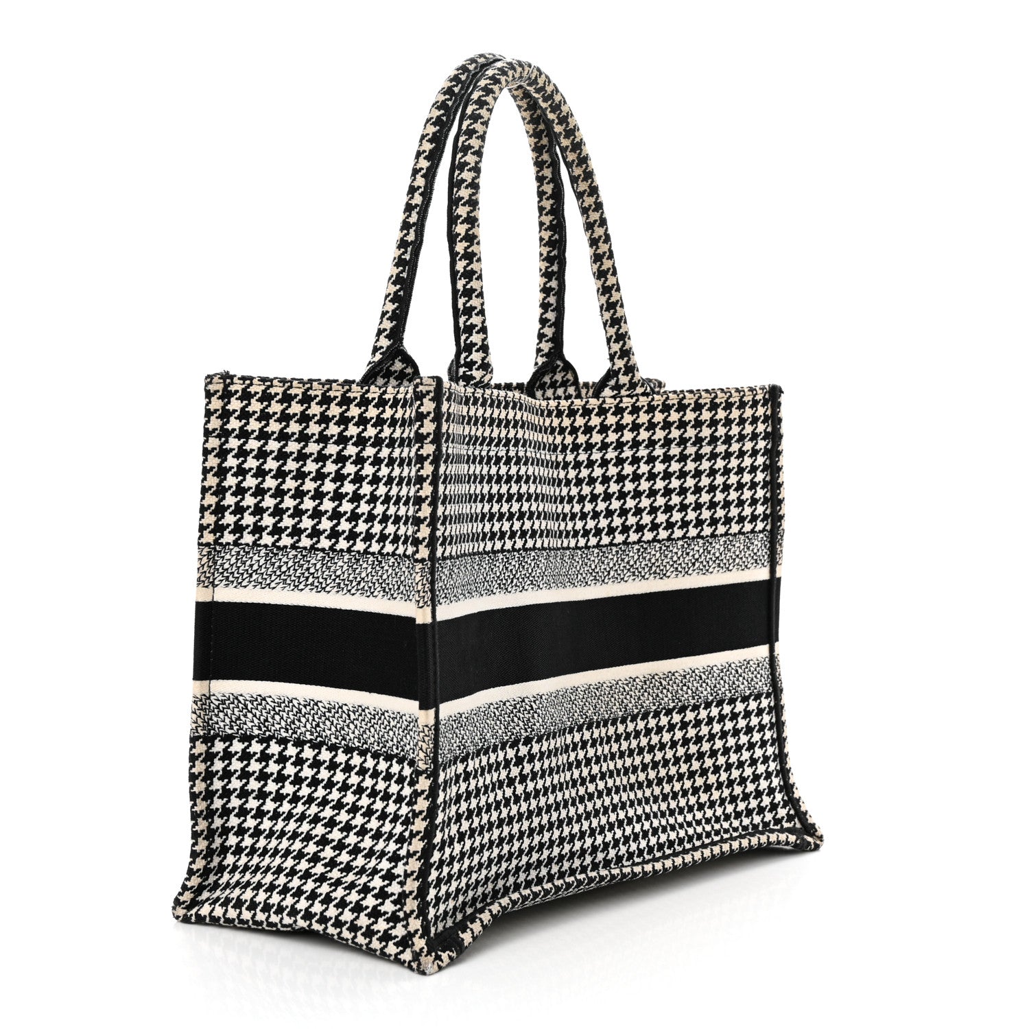Christian Dior Canvas Houndstooth Embroidered Medium Book Tote Black White 3 of 27