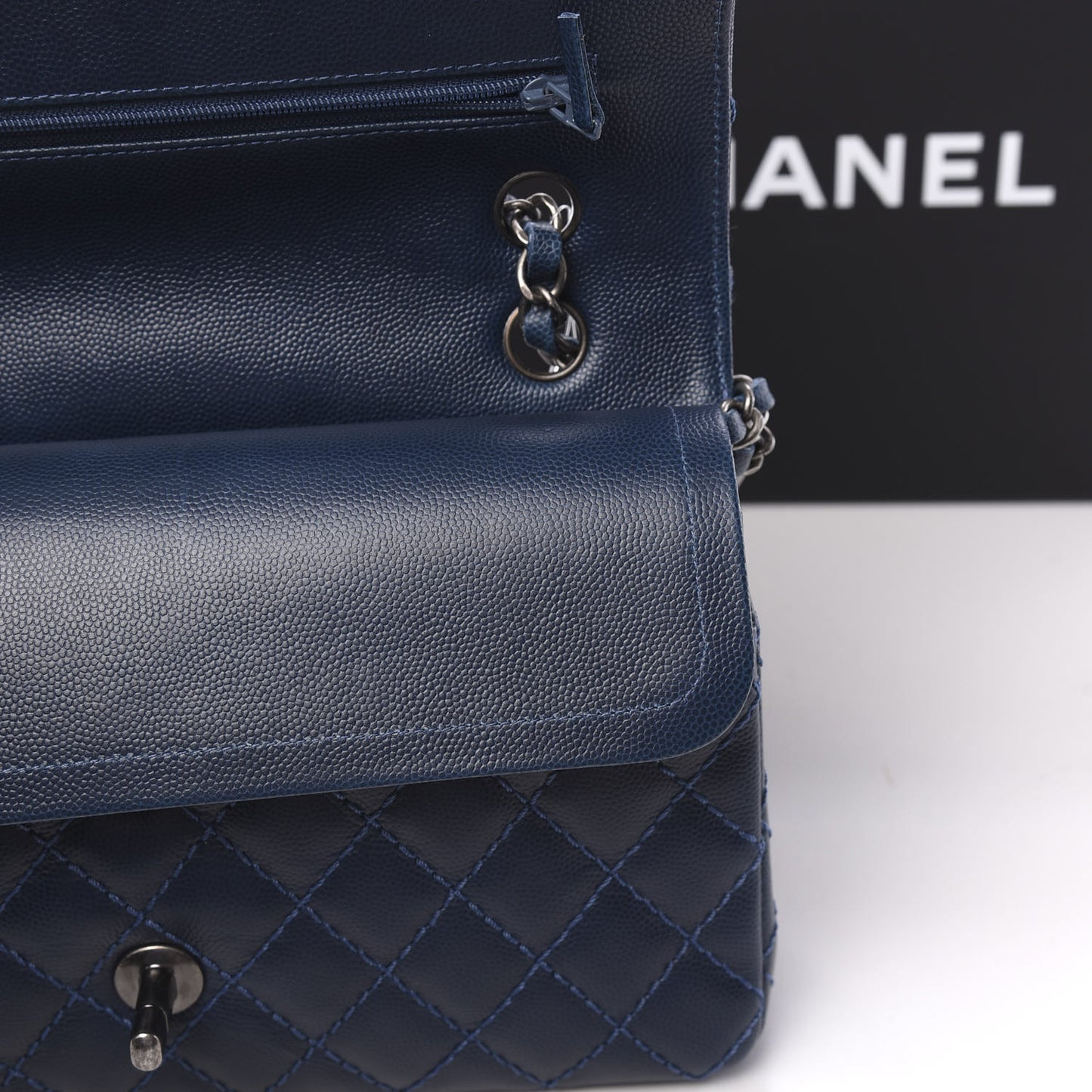 Caviar Quilted Medium Double Flap Dark Blue