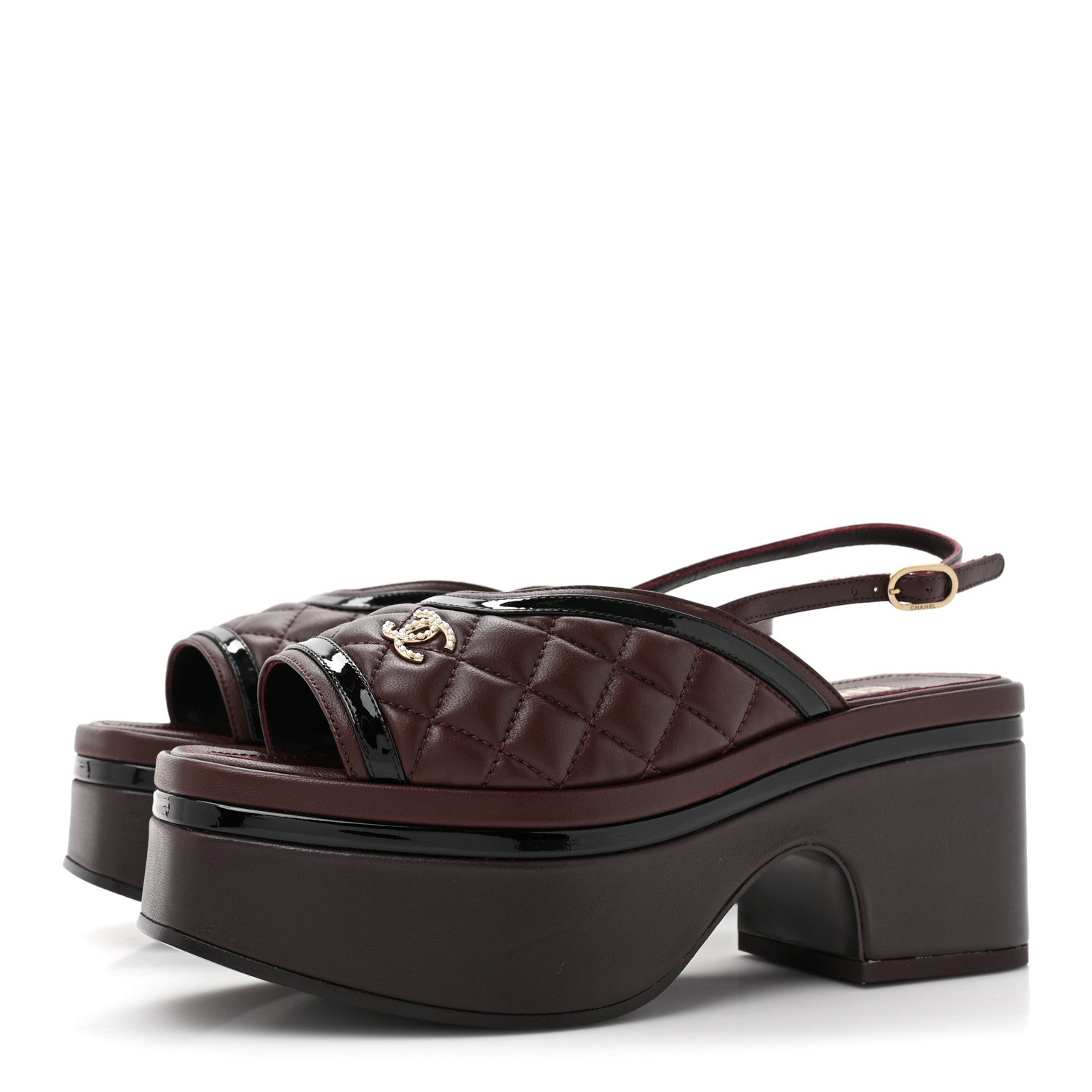Chanel Lambskin Patent Calfskin Quilted CC Platform Slingback Sandals 36 Burgundy Black 3 of 9
