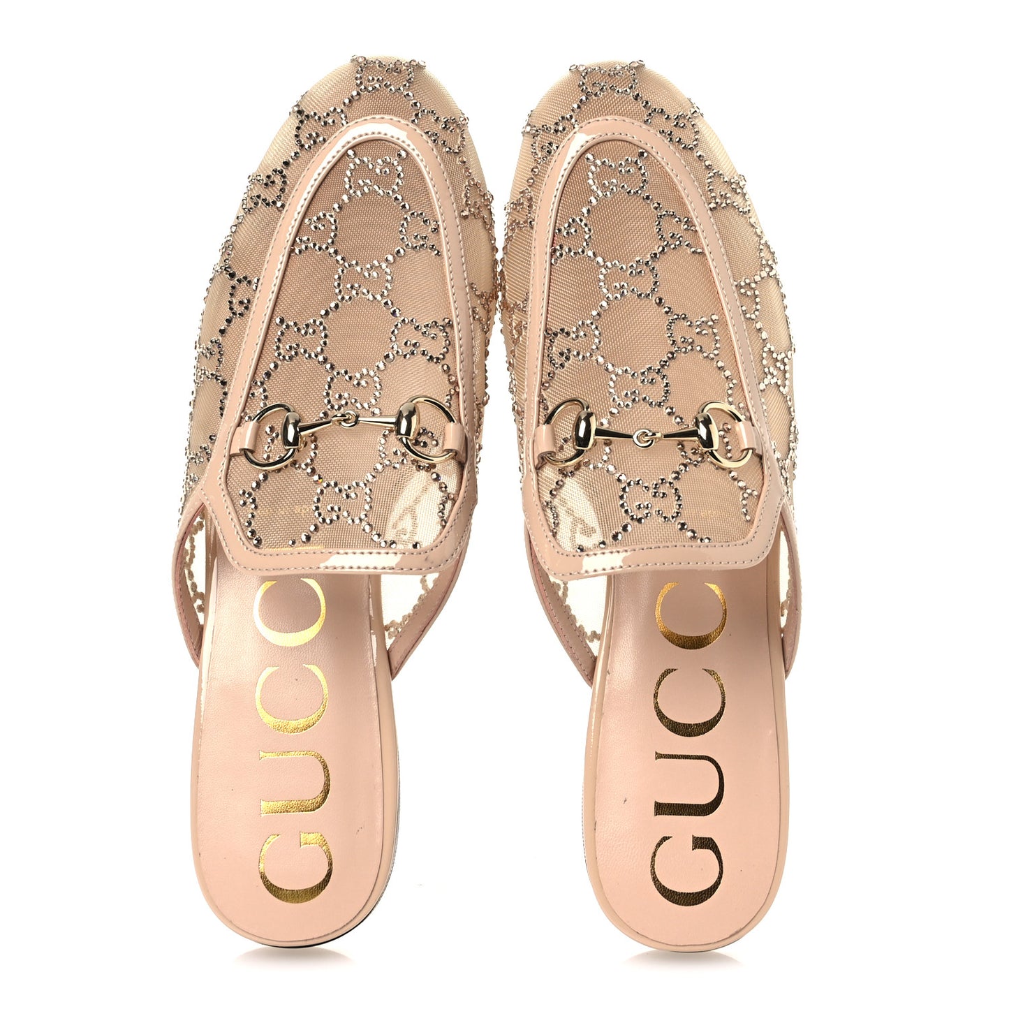 Patent Mesh Crystal GG Monogram Womens Princetown Slippers 37.5 Ivory
