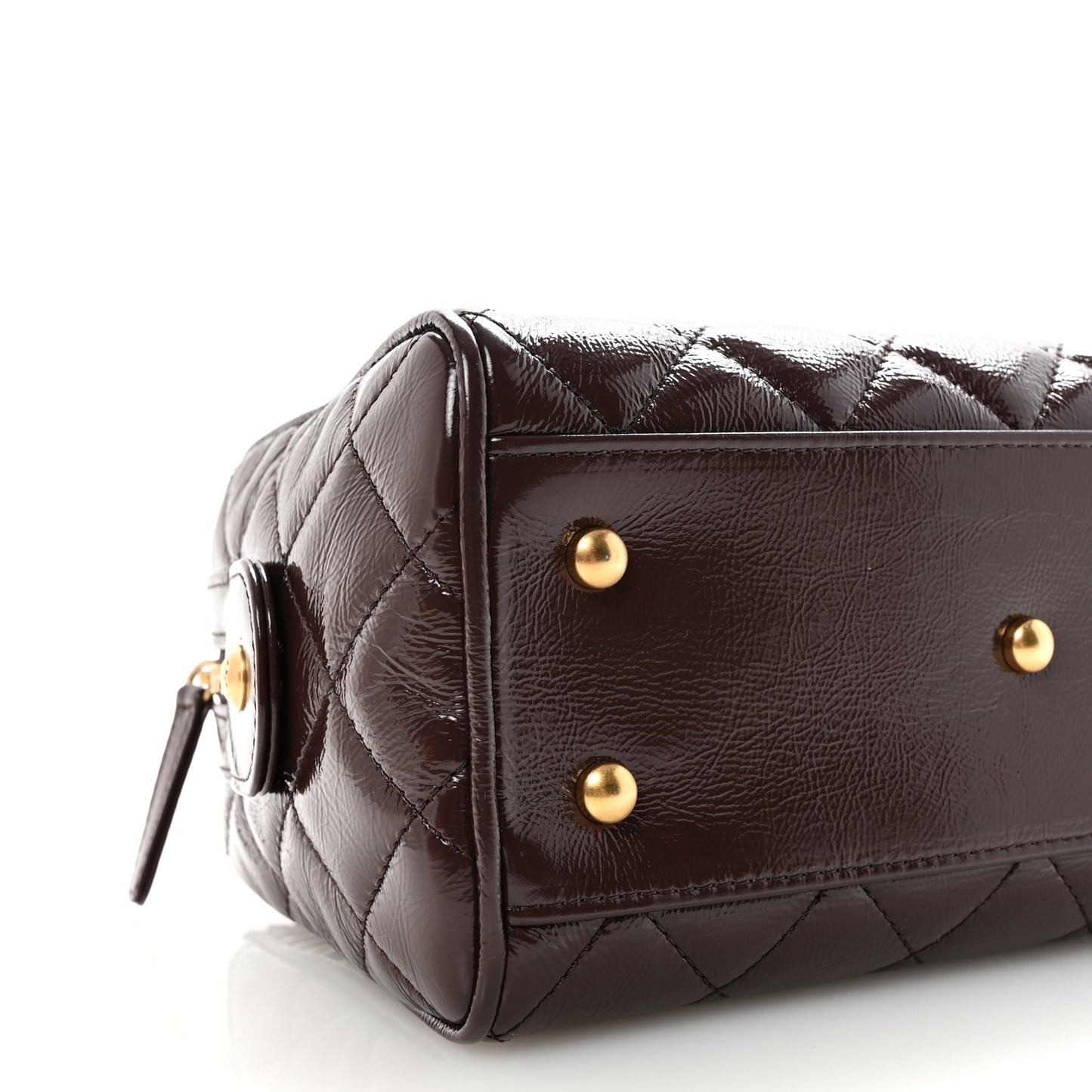 Shiny Crumpled Calfskin Quilted Small Bowling Bag Dark Brown