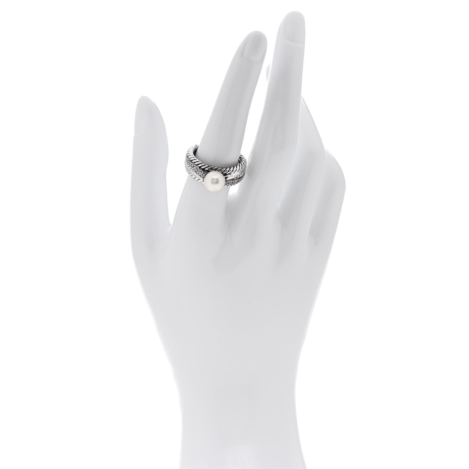 David Yurman Sterling Silver Diamond Freshwater Cultured Pearl Cable Crossover Ring 57 8 2 of 5
