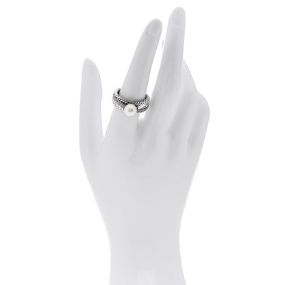 David Yurman Sterling Silver Diamond Freshwater Cultured Pearl Cable Crossover Ring 57 8 2 of 5