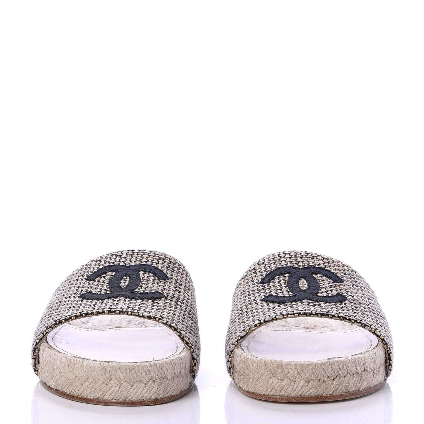 Metallic Tweed CC Espadrille Slip On Sandals 37 Beige Black