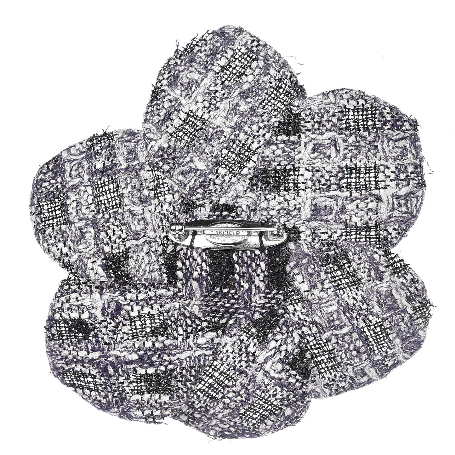 Tweed Camellia Brooch Blue Ecru Black